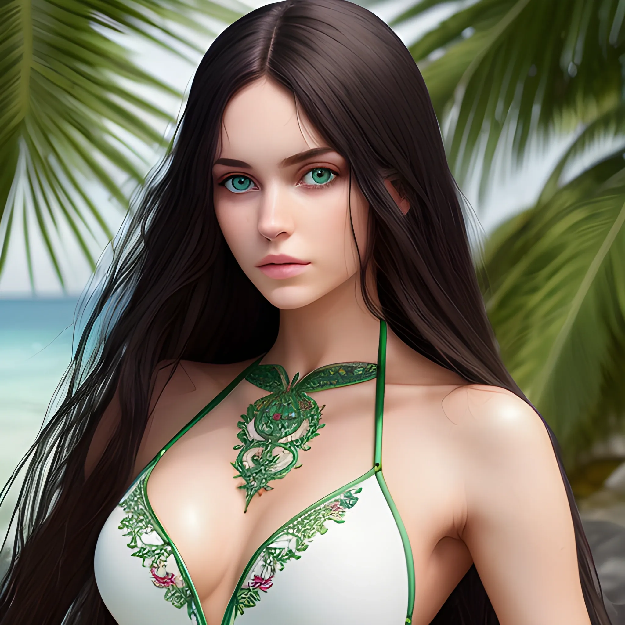 photo, beautiful woman, in white trasparent swimsuit, long dark hair, green eyes, 
highly detailed, fine detail, intricate, ornate, complex