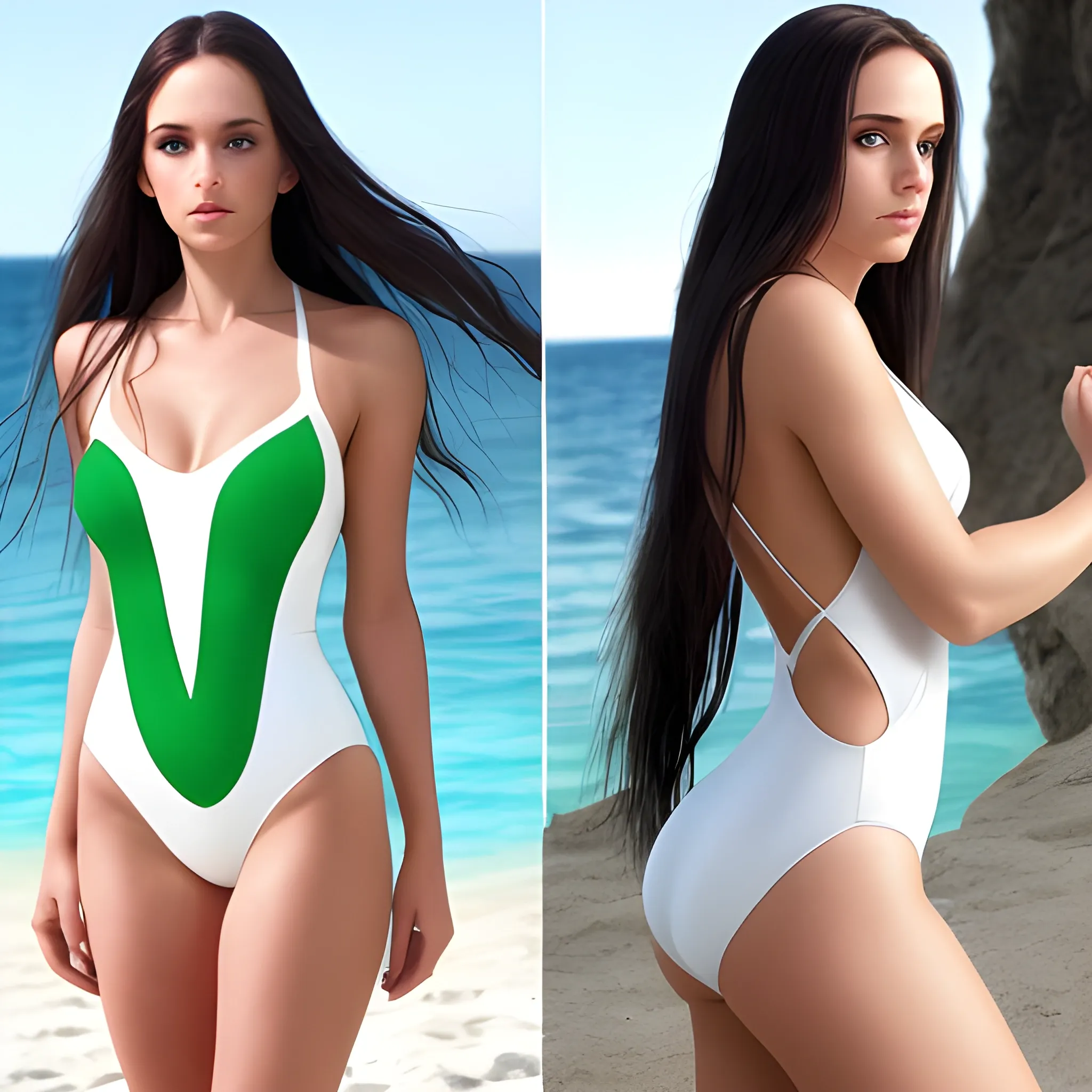 photo, full body, beautiful woman, in white swimsuit, long dark hair, green eyes, highly detailed