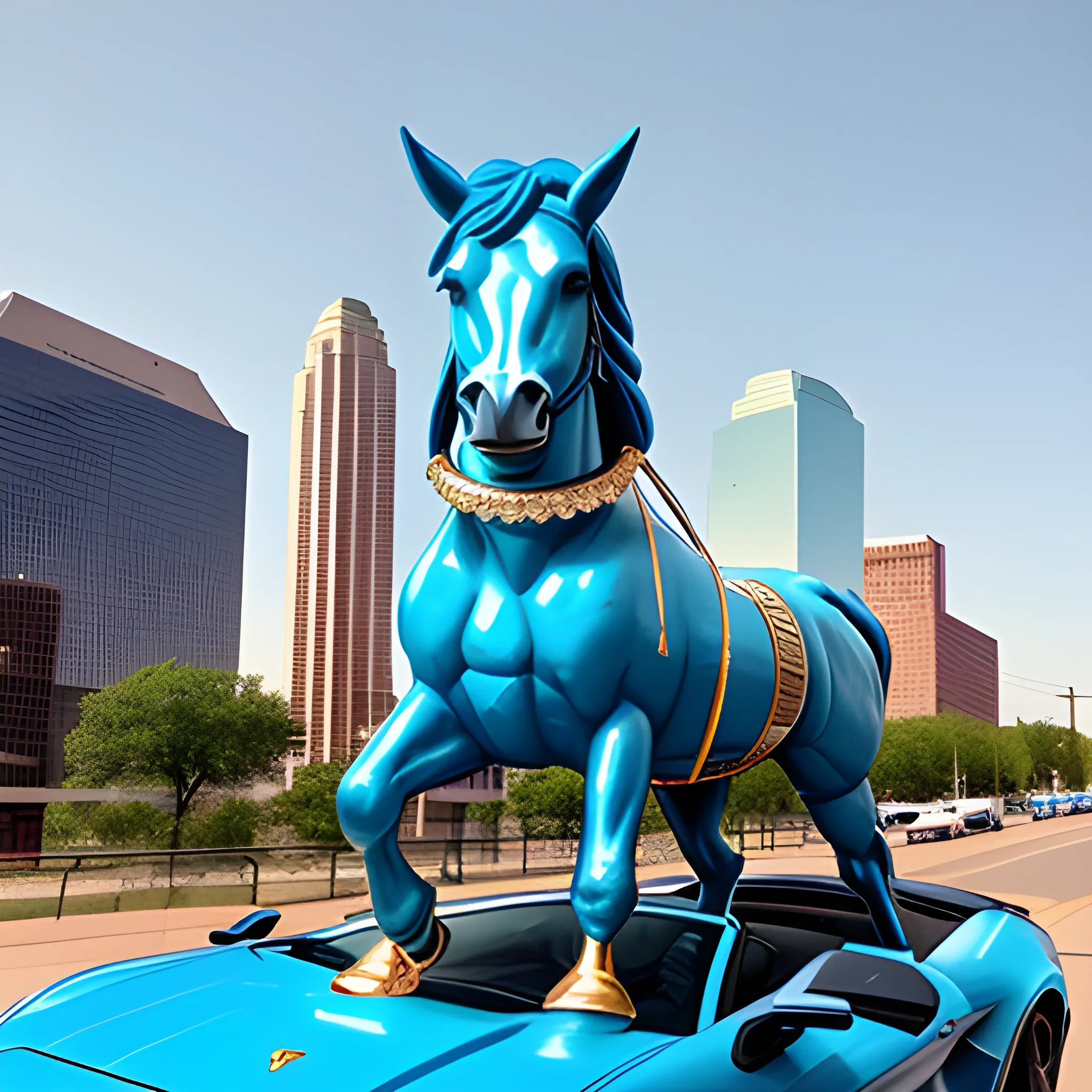 Photo of STRONG columbia blue mustang horse, standing in the middle of dallas, texas, wearing gold diamond clustered necklaces with gold and diamond teeth, shoes are columbia blue and white micheal jordens, 3D, standing on top of a metallic blue lamborghini