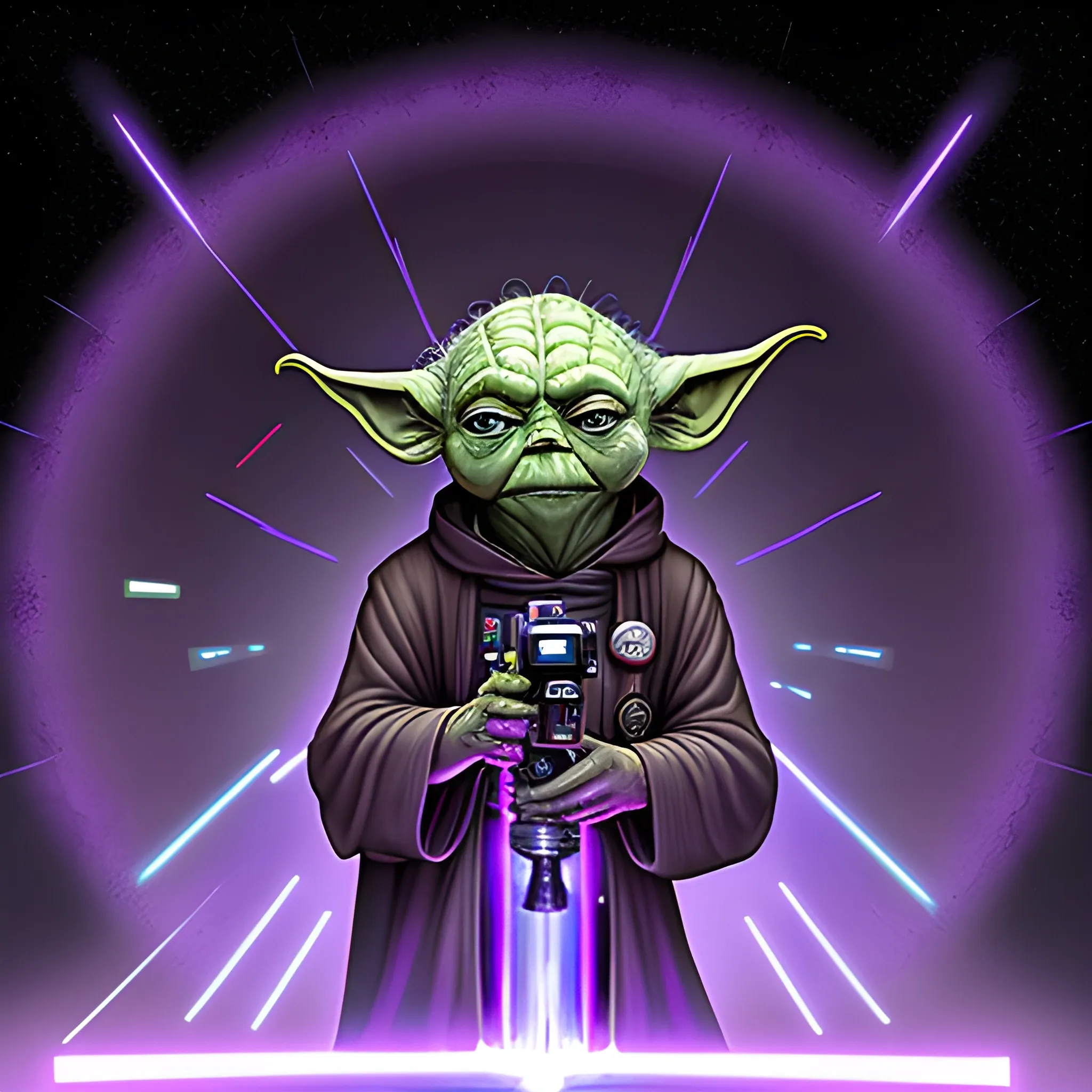 Baby Yoda on the dark side of the force, shooting red rays from his hands towards a purple R2D2, in a Jedi temple surrounded by crystals