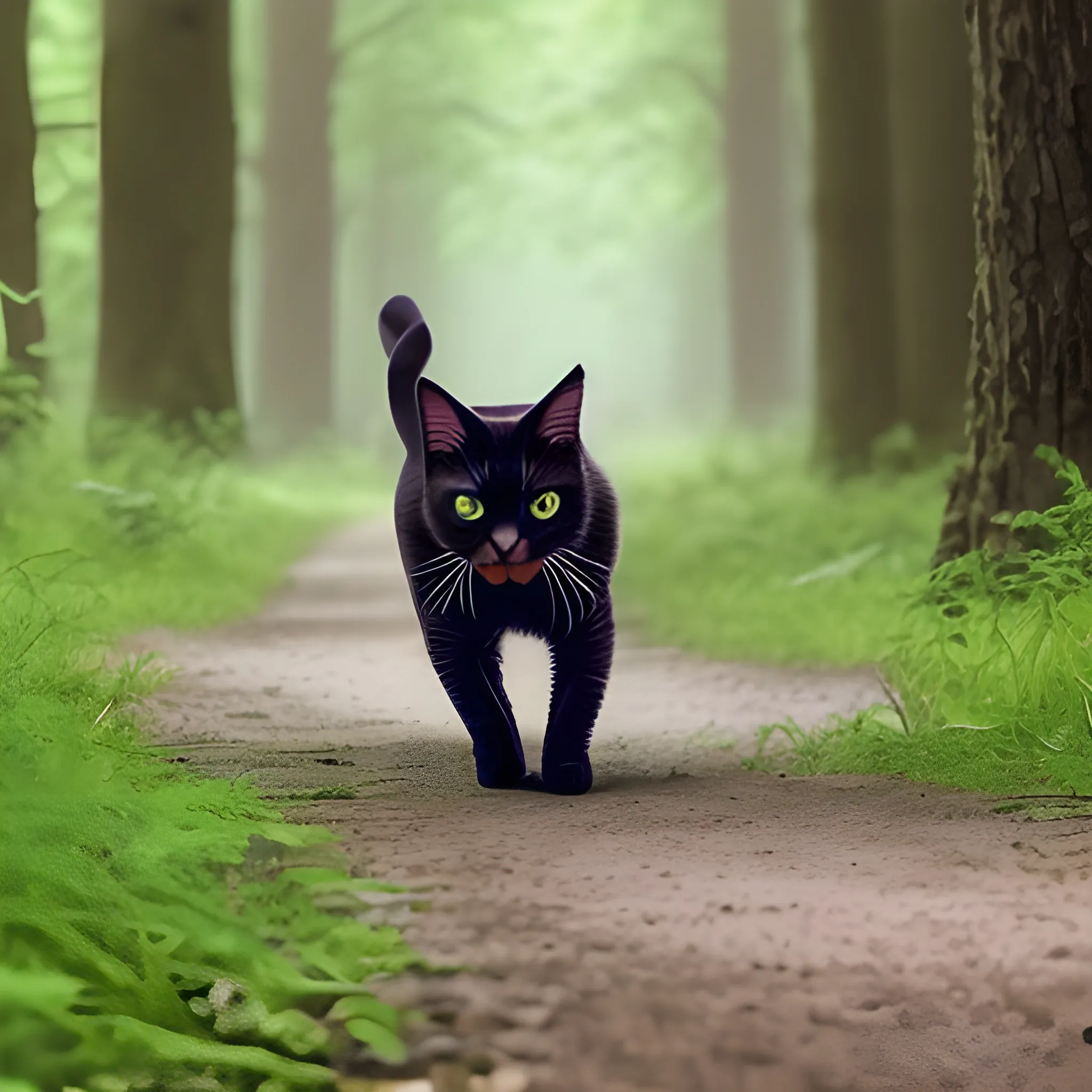 a cat is running in a forest
