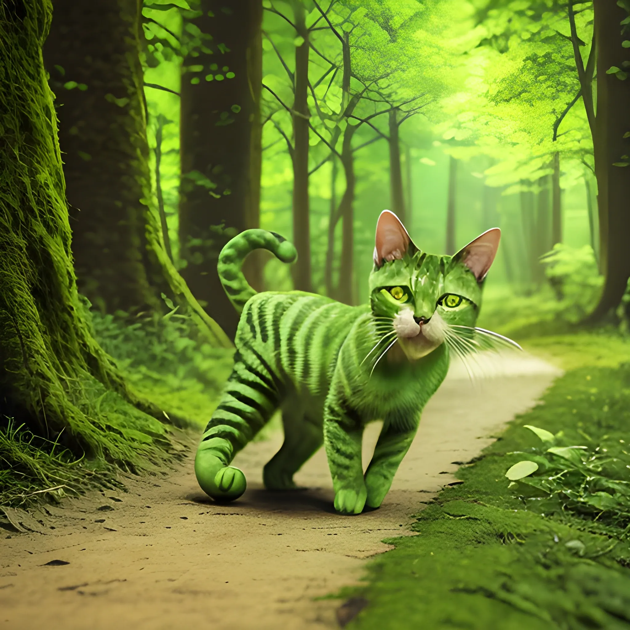 a green cat is running in a forest