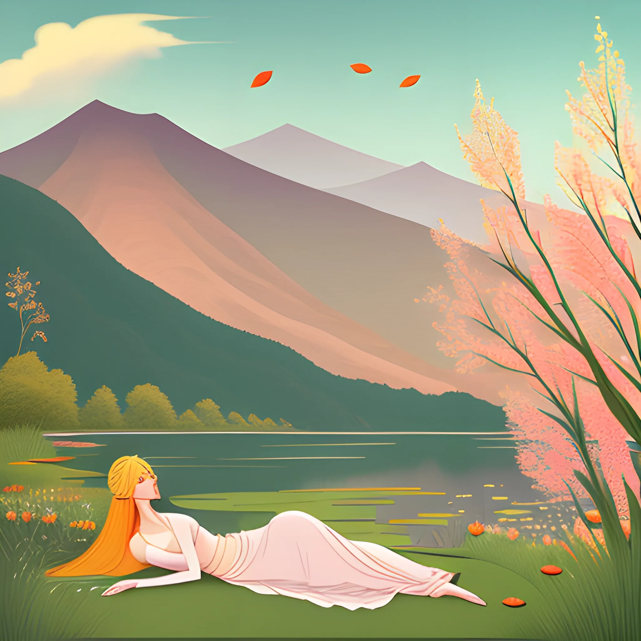 By the lakeside, a young girl lies on soft green grass, beside her, a fully bloomed pink lotus, her golden hair gently caressed by a mild breeze. It's a soft and serene scene with warm hues, hazy lighting, reminiscent of an autumn mountain landscape in the style of Qing Shan's illustrations.