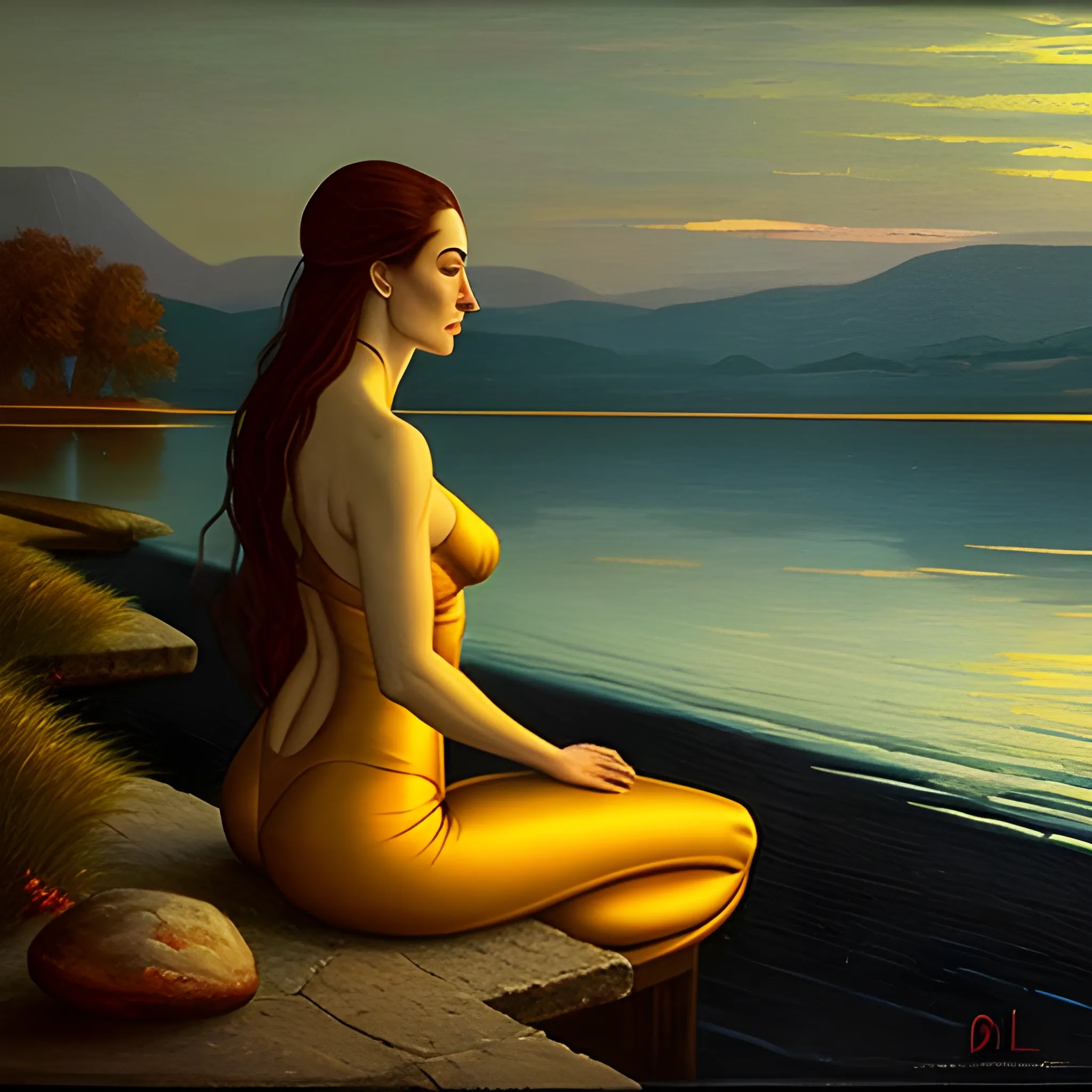 By the lakeside one evening, a lonely girl sits quietly by the shore, with the distant setting sun casting a golden afterglow reflected on the lake's surface. She embraces her knees, slightly leaning forward, in a contemplative posture, creating a somewhat melancholic atmosphere, simulating an oil painting effect in the style of Salvador Dali