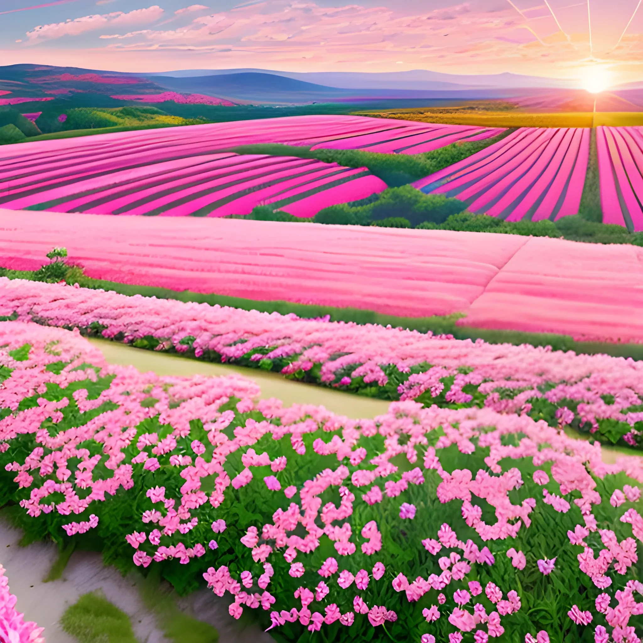 Amidst the rolling countryside, a breathtaking vista unfolds, a tapestry of nature's finest artistry. Rows upon rows of delicate, rosy pink blossoms sway gently in the breeze, creating a mesmerizing sea of color. The vibrant pink flowers, with their petals kissed by the sun, create a symphony of beauty that is nothing short of enchanting, 8k, HD images