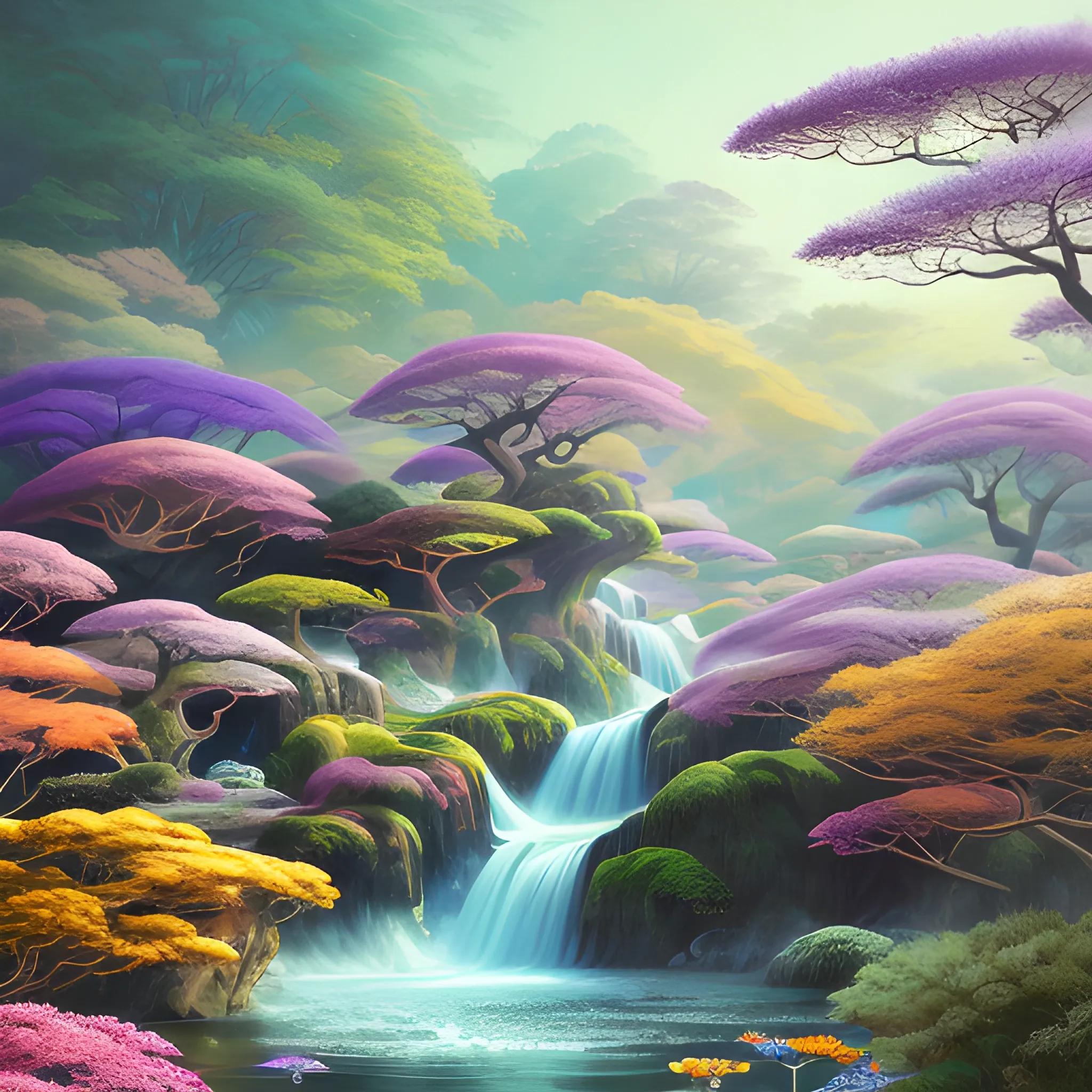 (by Ananta Mandal (and Andrew Biraj:0.5)), (in the style of nihonga), Style: Abstract, Medium: Digital illustration, Subject: An otherworldly landscape with floating islands, cascading waterfalls, and vibrant flora and fauna. Camera Angle: Overhead shot capturing the vastness and intricate details of the scene. The colors are saturated, and the lighting creates a warm and ethereal atmosphere. The painting is highly detailed, with every brushstroke capturing the complexity of the imaginary world., (high quality), (detailed), (masterpiece), (best quality), (highres), (extremely detailed), (8k)