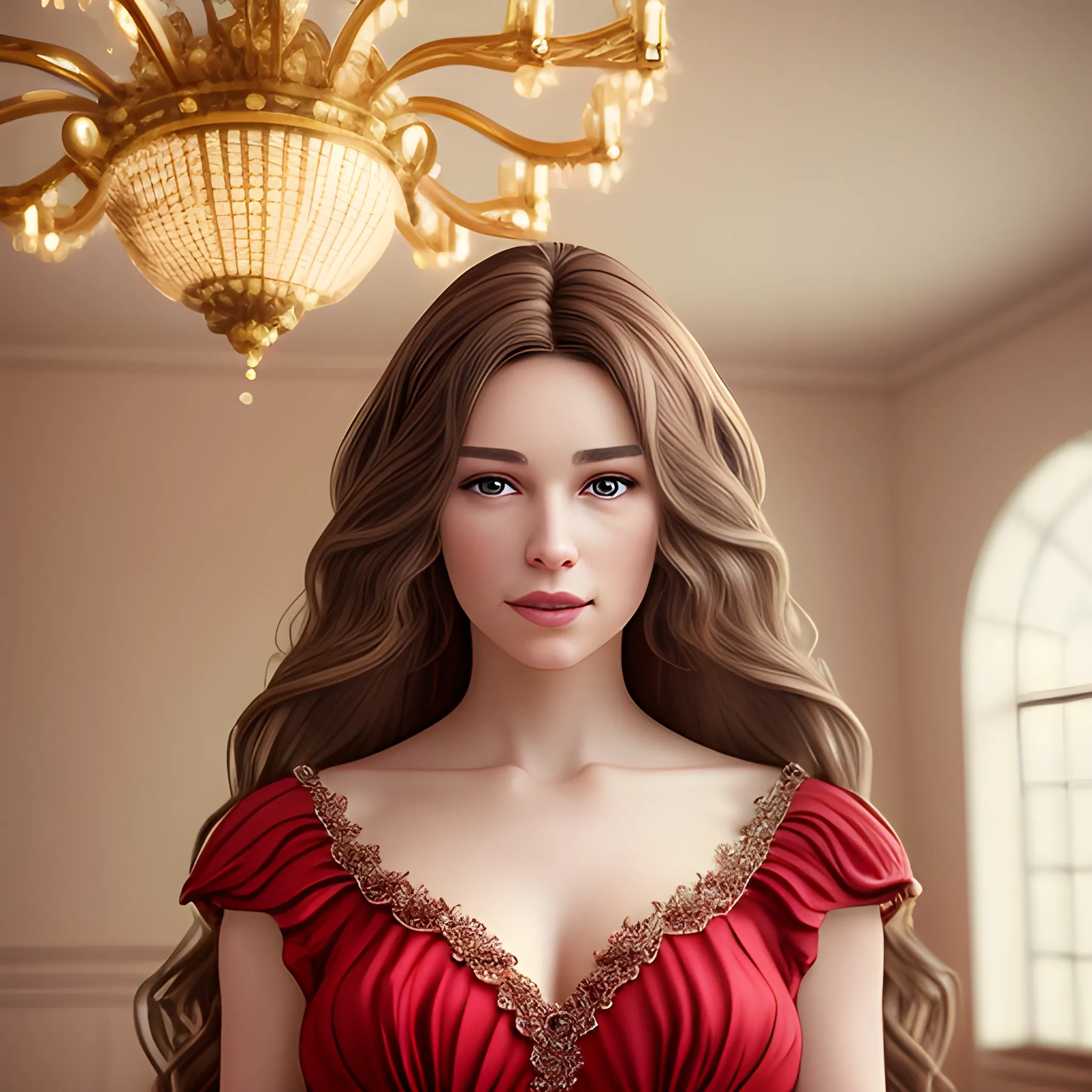 a beautiful woman standing in the middle of a beautifully decorated room, wearing a red dress that flowed so gracefully. The soft light from the chandelier above highlights her dress, creating a play of shadows and highlights that emphasize every detail of her dress and the curves of her body. The camera lens focuses on her face which exudes natural beauty, with eyes sparkling under a pile of flowing brown hair. The background is blurred, giving the impression of complete focus on this woman, creating a very realistic and stunning visual effect. (high quality), (detailed), (masterpiece), (best quality), (highres), (extremely detailed), (8k)