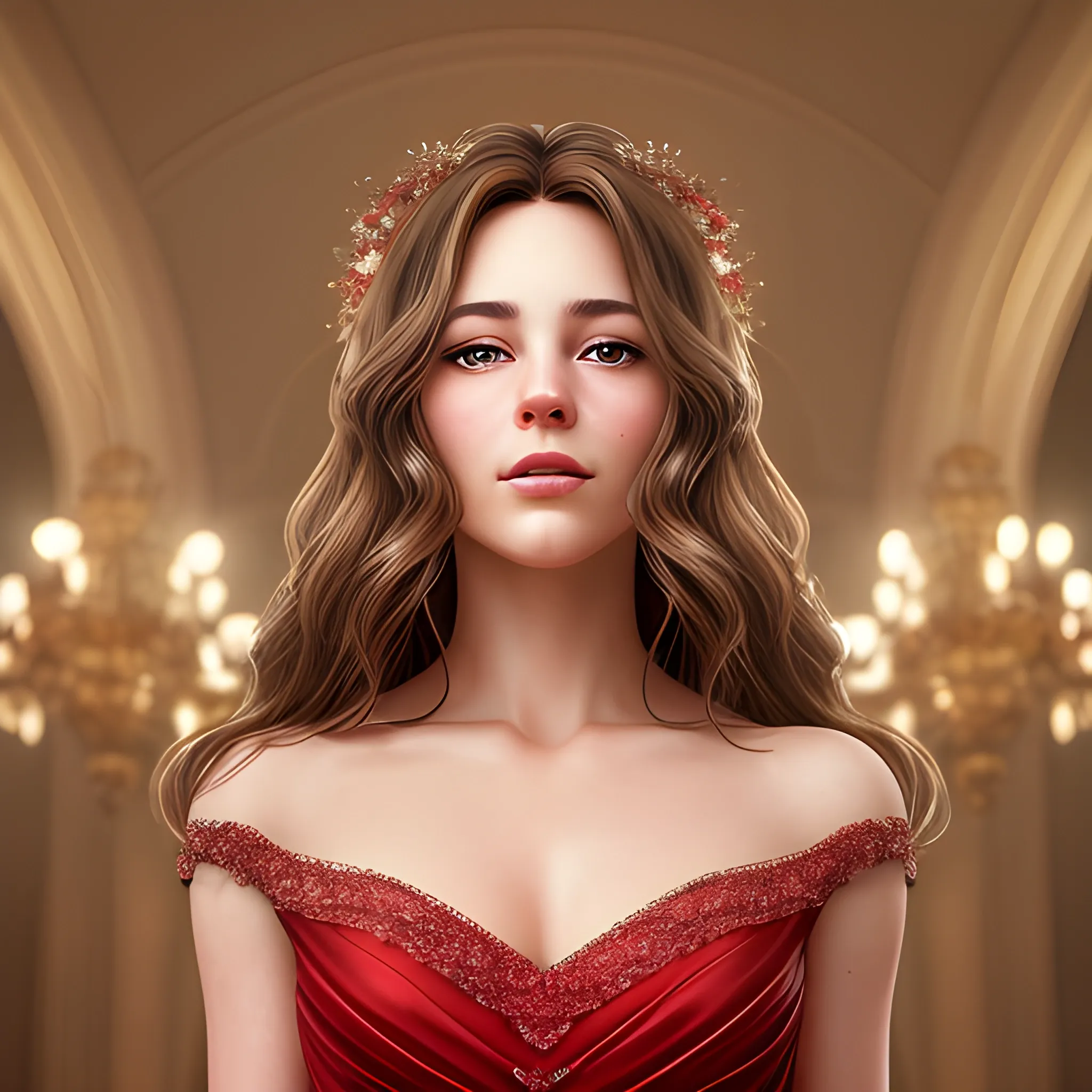 a beautiful woman standing in the middle of a beautifully decorated room, wearing a red dress that flowed so gracefully. The soft light from the chandelier above highlights her dress, creating a play of shadows and highlights that emphasize every detail of her dress and the curves of her body. The camera lens focuses on her face which exudes natural beauty, with eyes sparkling under a pile of flowing brown hair. The background is blurred, giving the impression of complete focus on this woman, creating a very realistic and stunning visual effect. (high quality), (detailed), (masterpiece), (best quality), (highres), (extremely detailed), (8k)