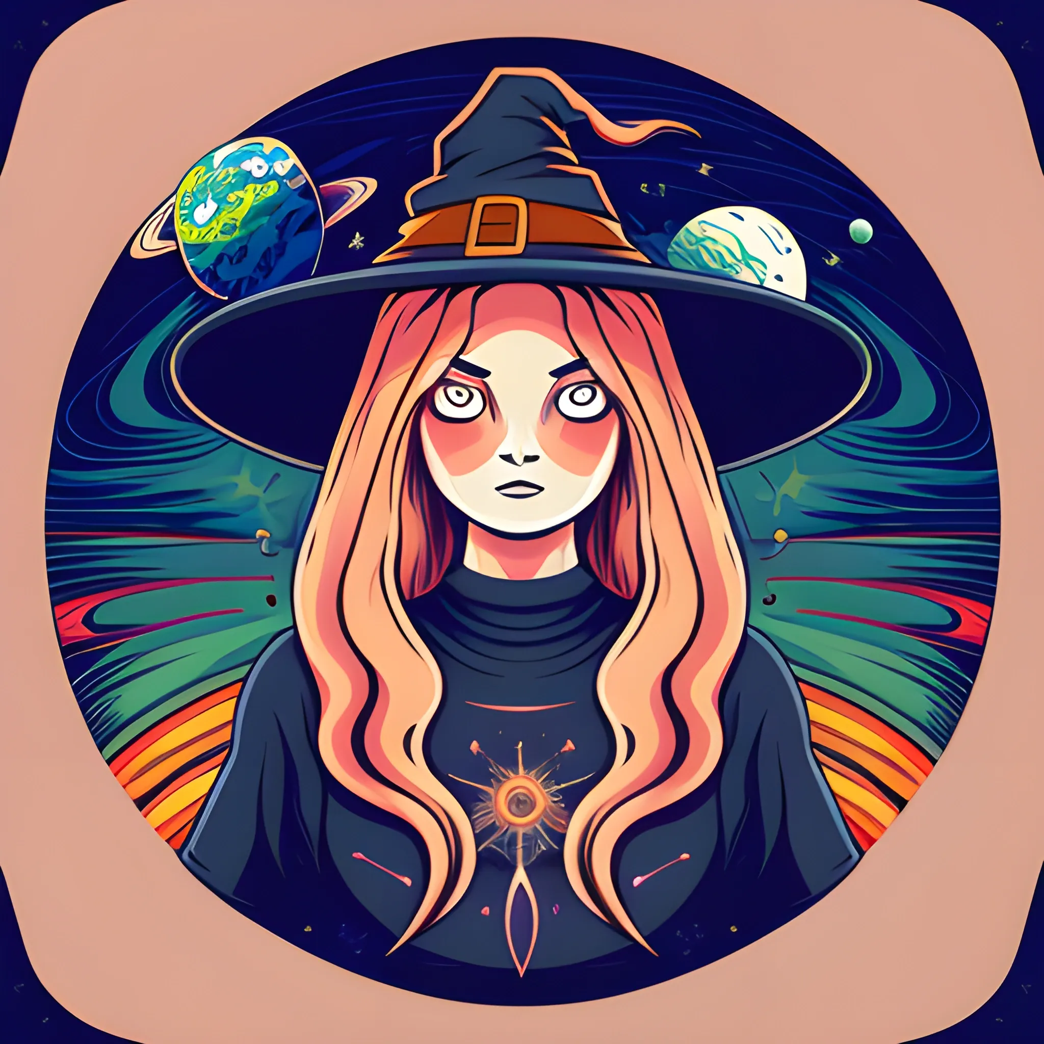 Detailed illustration witch, artwork, t shirt, vector, planets color