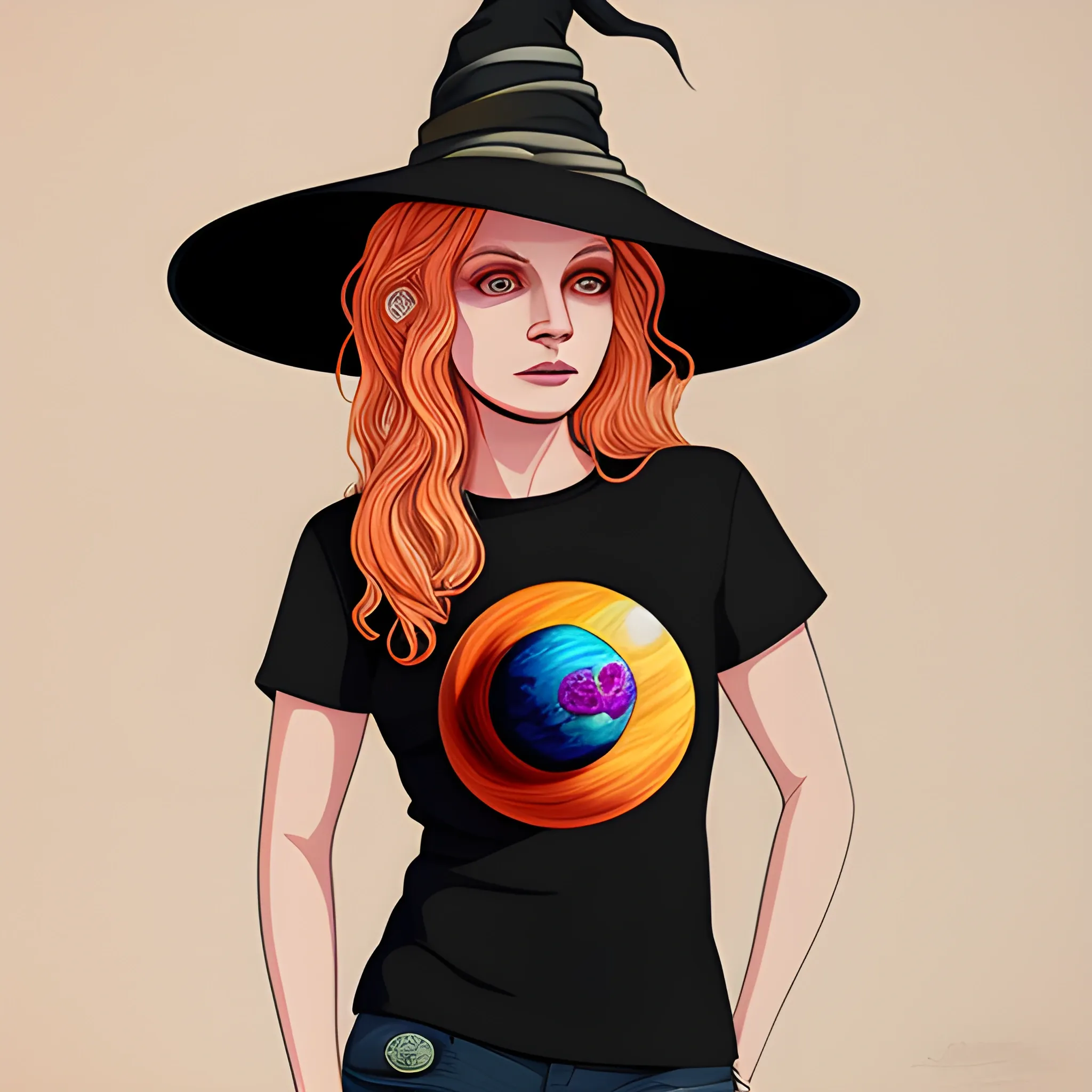 Detailed illustration witch, artwork, t shirt, vector, planets color, Pencil Sketch