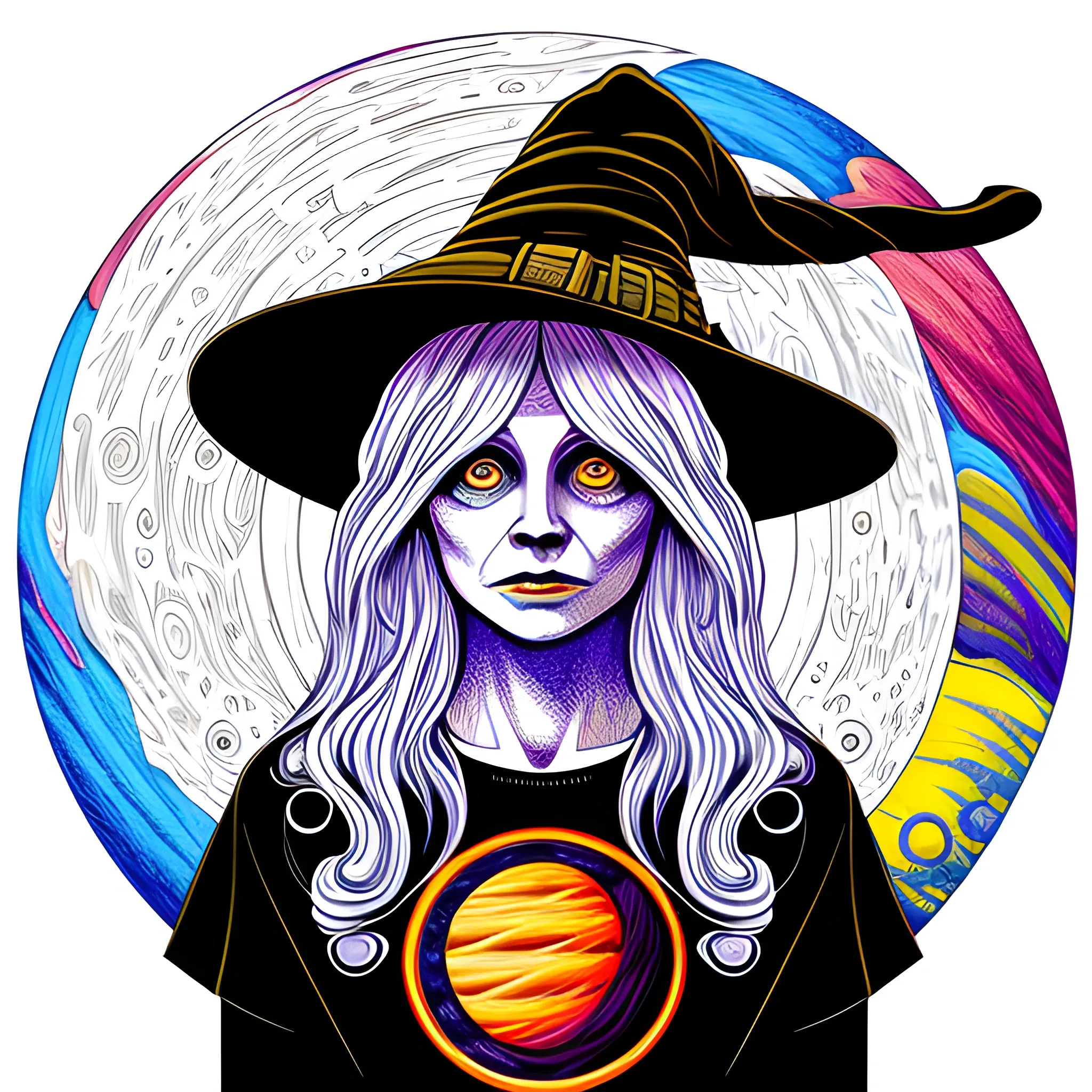 Detailed illustration witch, artwork, t shirt, vector, planets color, Pencil Sketch, Trippy