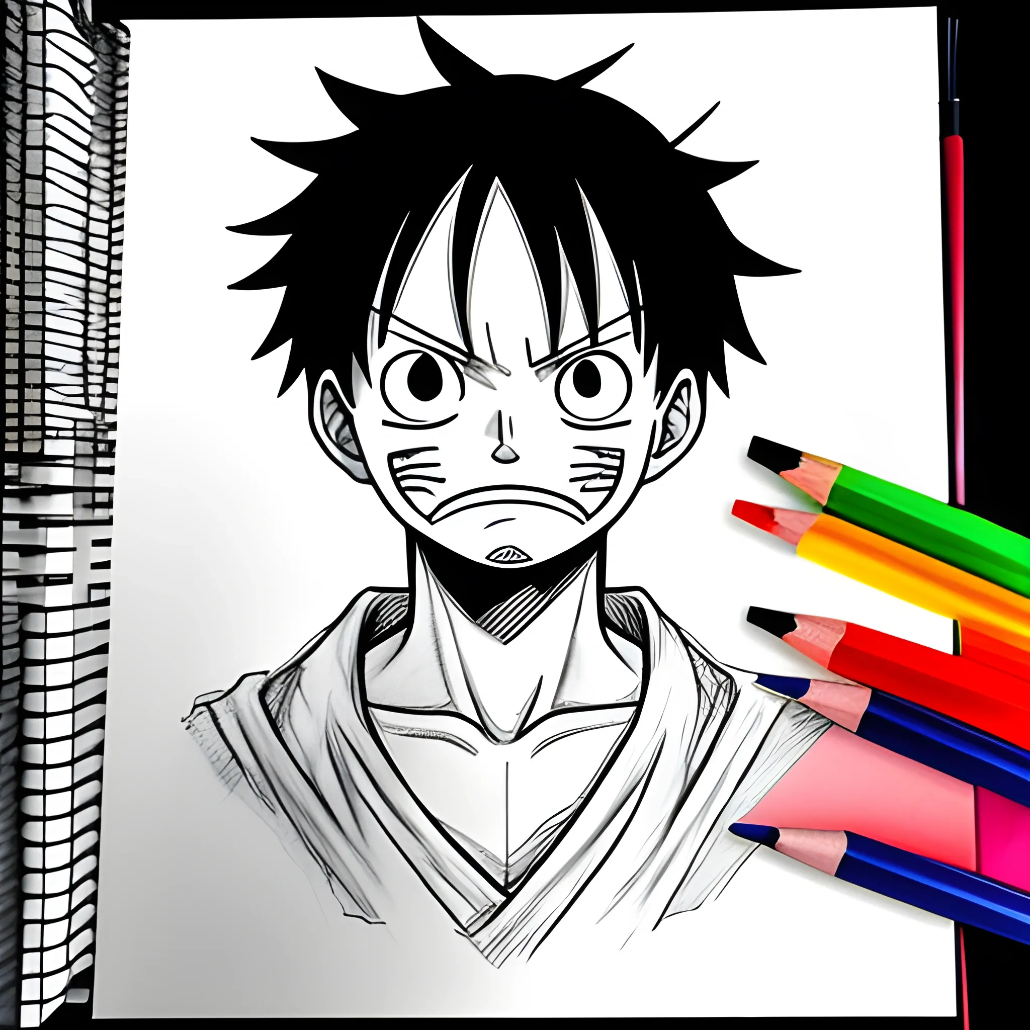 Luffy,,anime, face,colourful, sketch, Pencil Sketch
