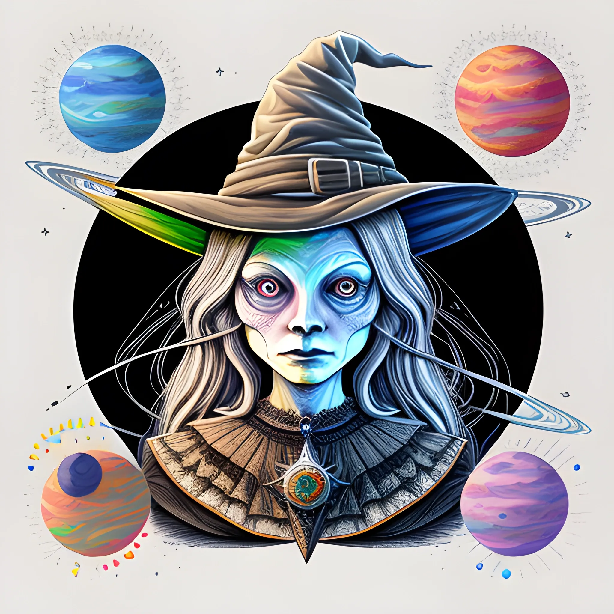 Detailed illustration witch, artwork, t shirt, vector, planets color, Pencil Sketch, Trippy, 3D, Pencil Sketch, Pencil Sketch, Oil Painting