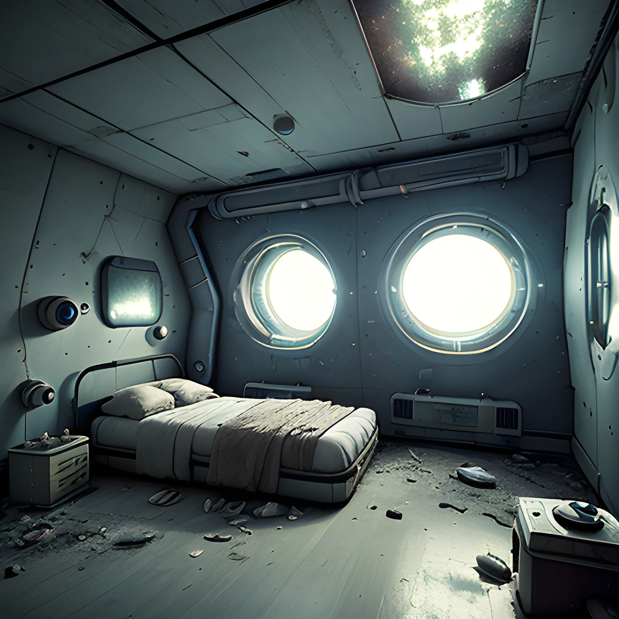 a room with a bed and a window, a detailed matte painting by Filip Hodas, cgsociety, photorealism, post apocalyptic room interior, inside abandoned space ship, room of a spacecraft