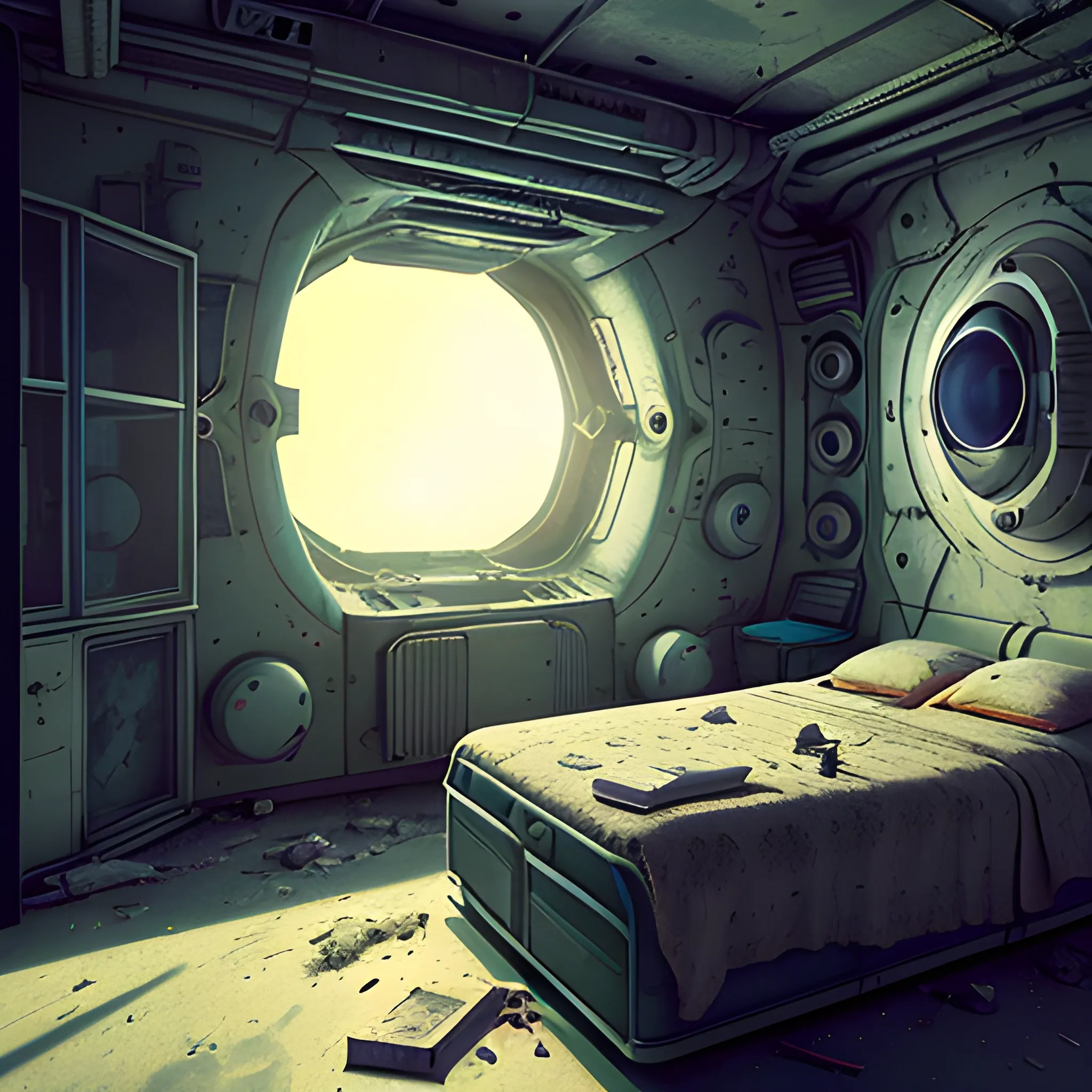 a room with a bed and a window, a detailed matte painting by Filip Hodas, cgsociety, photorealism, post apocalyptic room interior, inside abandoned space ship, room of a spacecraft