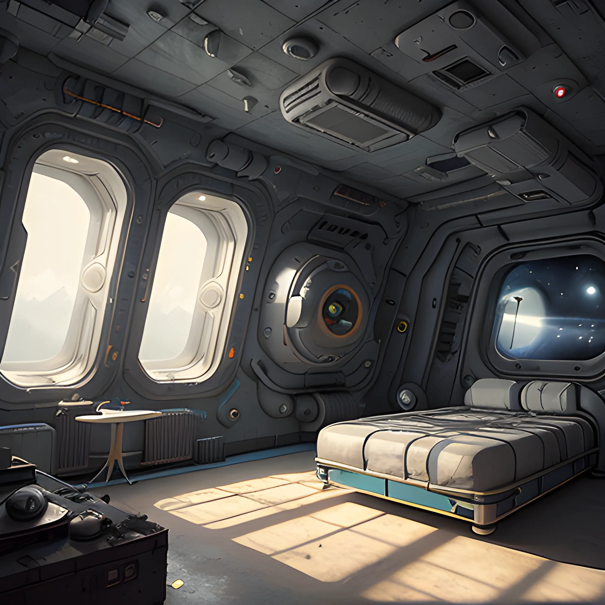 a room with a bed and a window, a detailed matte painting by Filip Hodas, cgsociety, photorealism, post apocalyptic room interior, inside space ship, room of a spacecraft