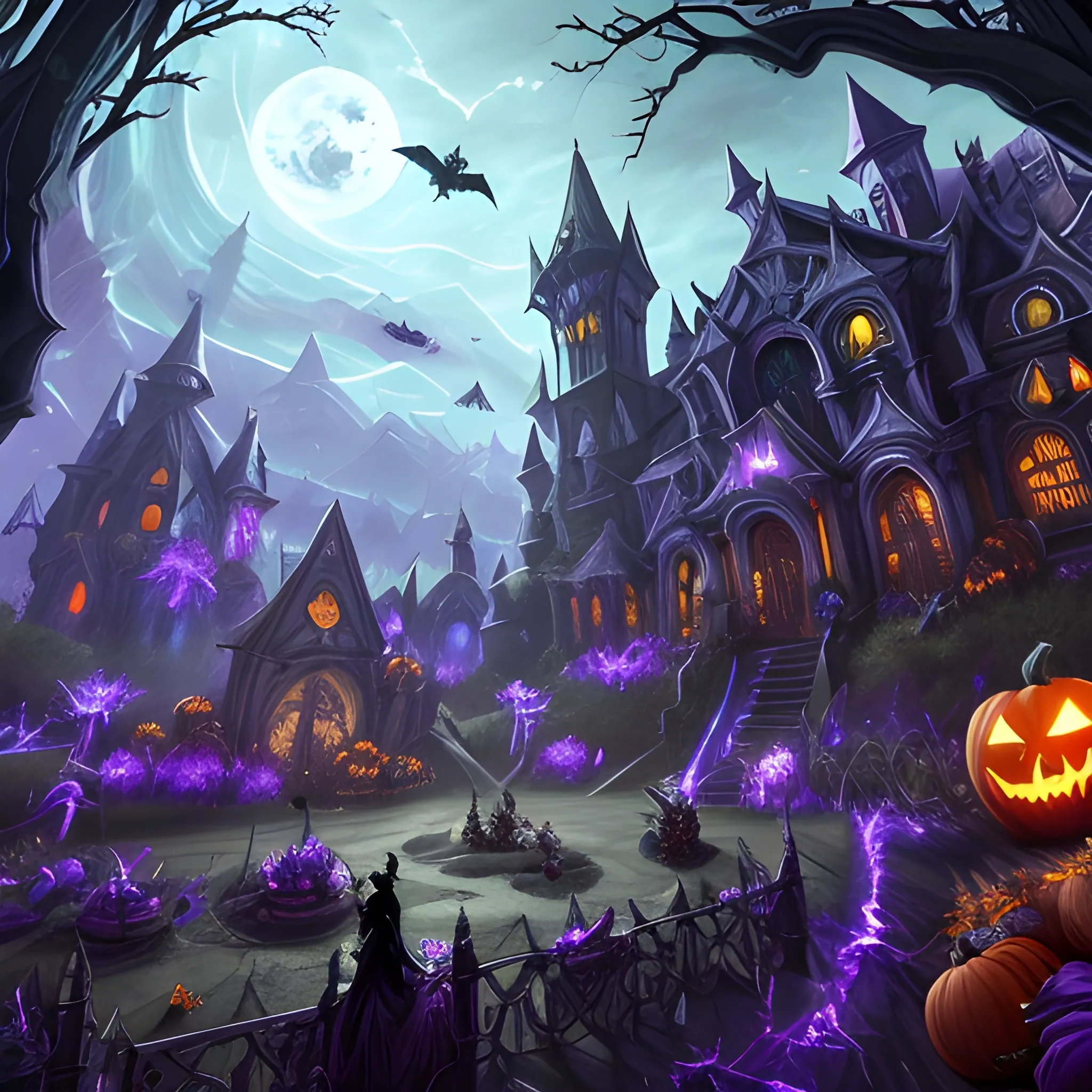 A hyper detailed, gaming style picture of a Haloween atributes, setting is a game like Dota 2, about magical adventures, witches and magicians, with beautiful dynamic background