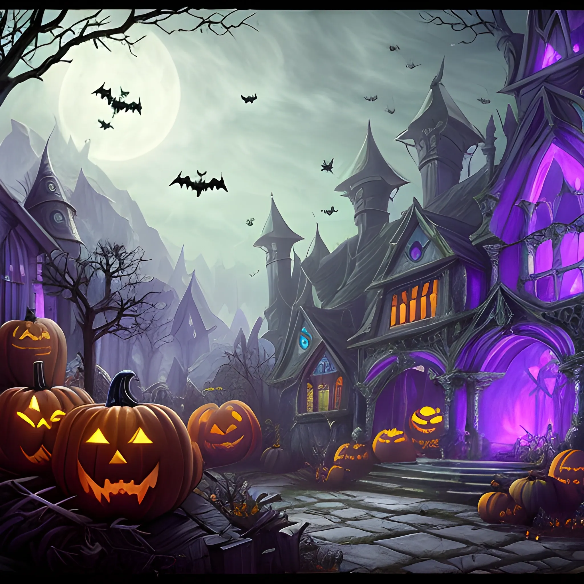 A hyper detailed, gaming style picture of a Haloween atributes, setting is a game like Dota 2, about magical adventures, witches and magicians, with beautiful dynamic background