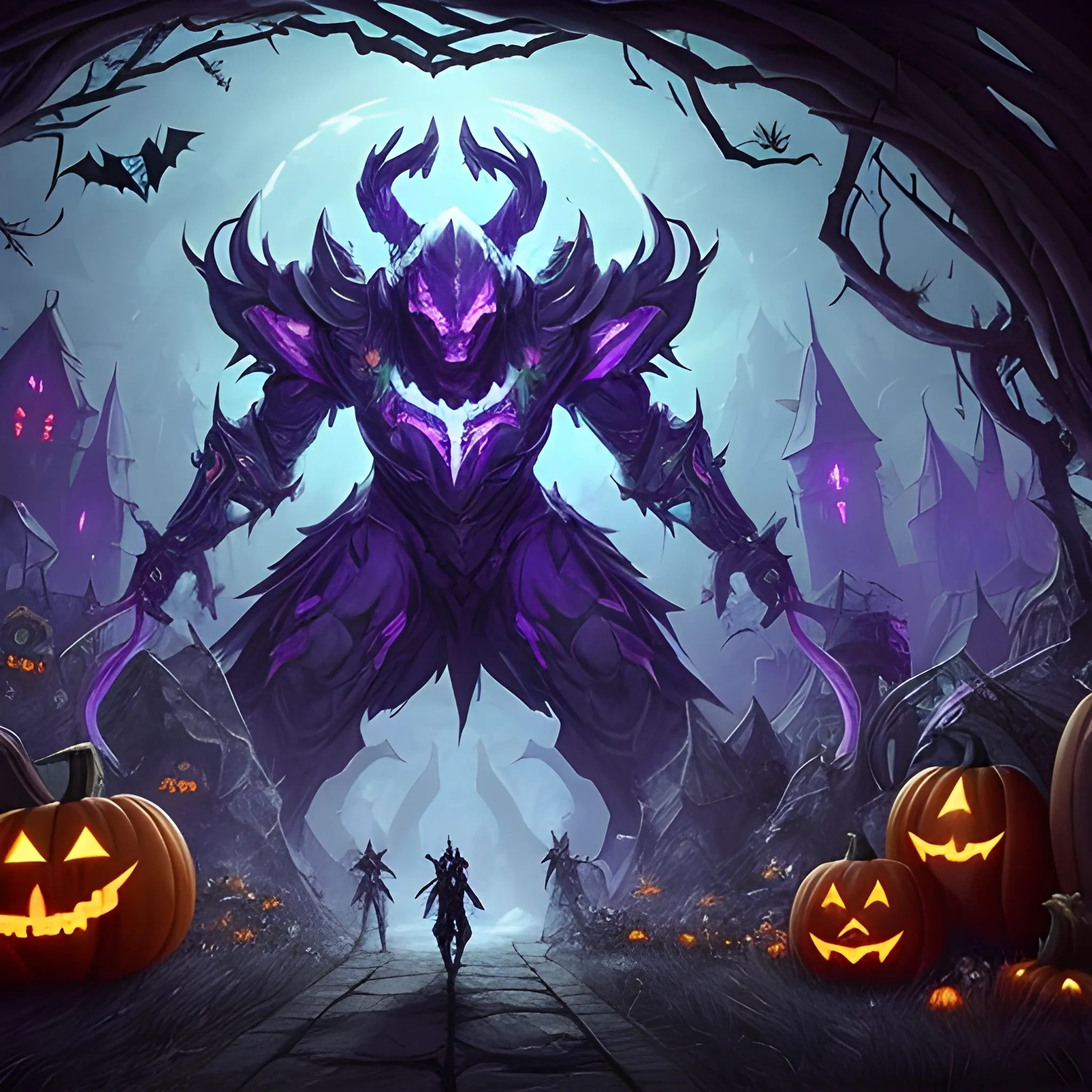 A hyper detailed, gaming style picture of a Haloween atributes, setting is a game like Dota 2, about magical adventures, witches and magicians, and some gaming characters and with beautiful dynamic background