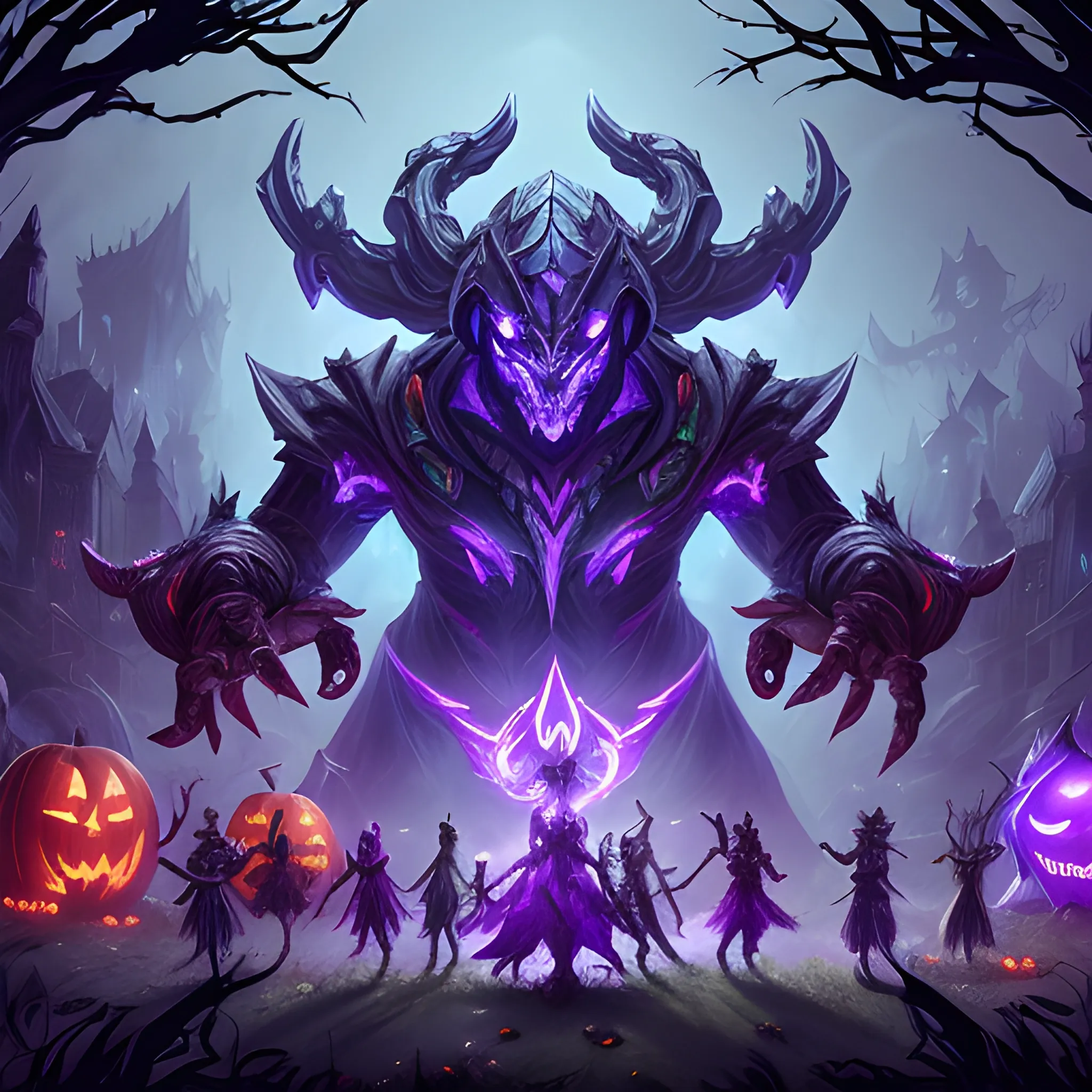 A hyper detailed, gaming style picture of a Haloween atributes, setting is a game like Dota 2, about magical adventures, witches and magicians, and some gaming characters and with beautiful dynamic background