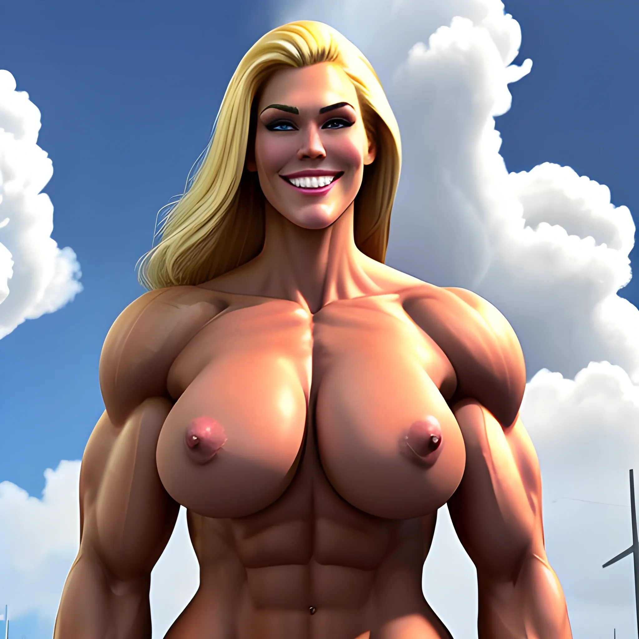 beautiful huge and tall muscular gently smiling blonde schoolgirl with very small head, very broad shoulders, massive body and mighty long legs, bowing friendly down to us under the clouds 