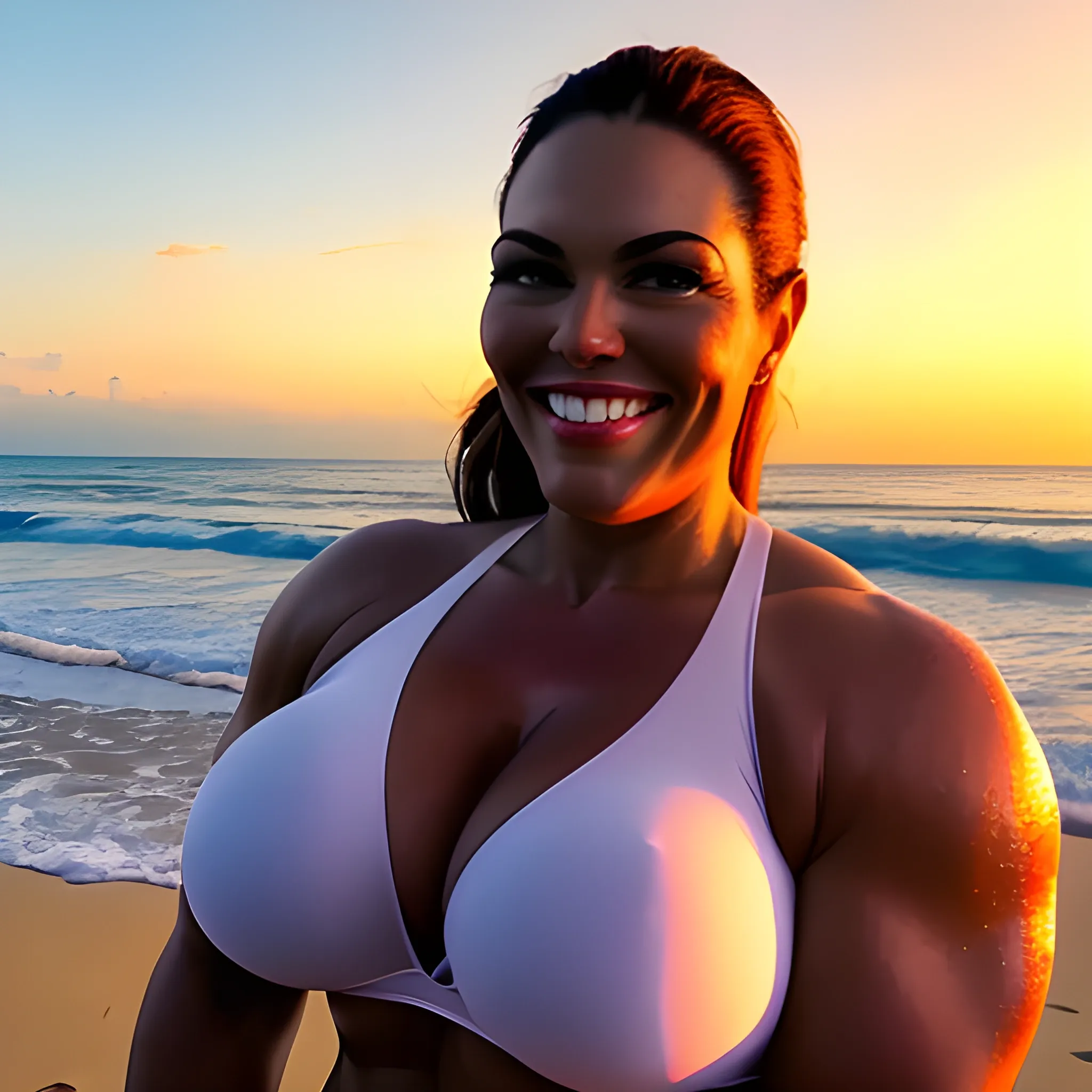 beautiful huge and tall muscular gently smiling young blonde girl siktting on tropical beach at sunset 