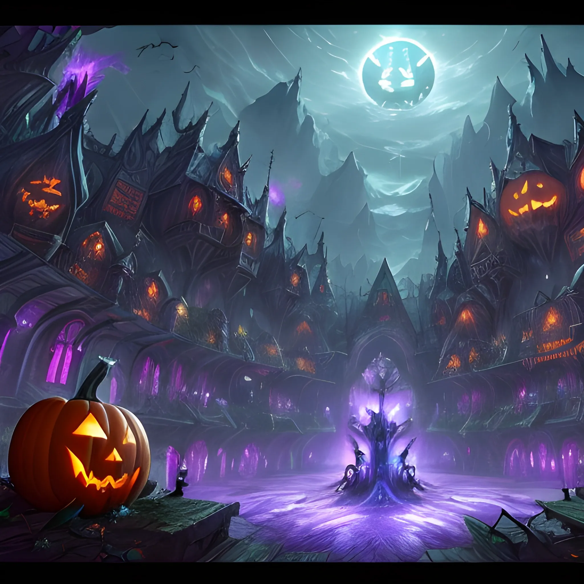 A hyper detailed, gaming style picture of a Haloween atributes, setting is a game like Dota 2, about magical adventures, witches and magicians fights each other with beautiful dynamic background