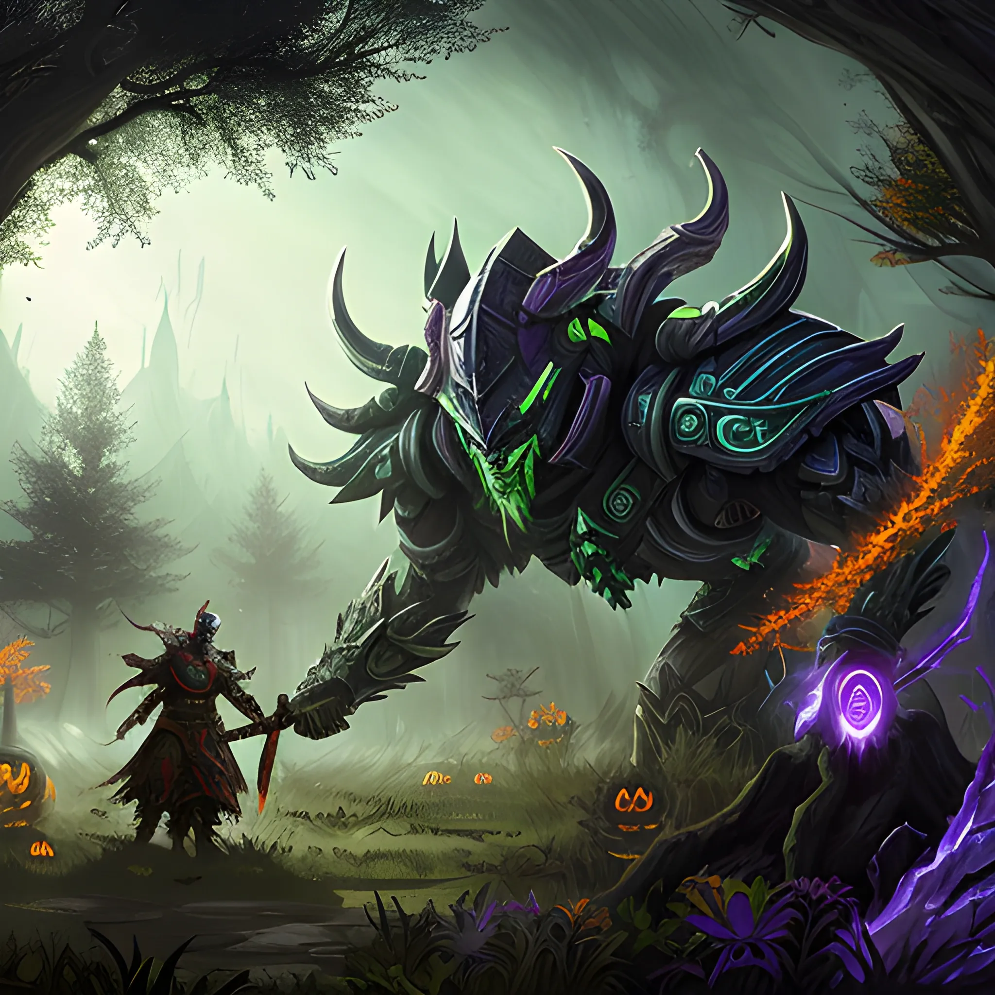 A hyper detailed, gaming style picture of a Haloween atributes, setting is a game like Dota 2, about magical adventures, where magic samurai fights against forest druid and with beautiful dynamic background