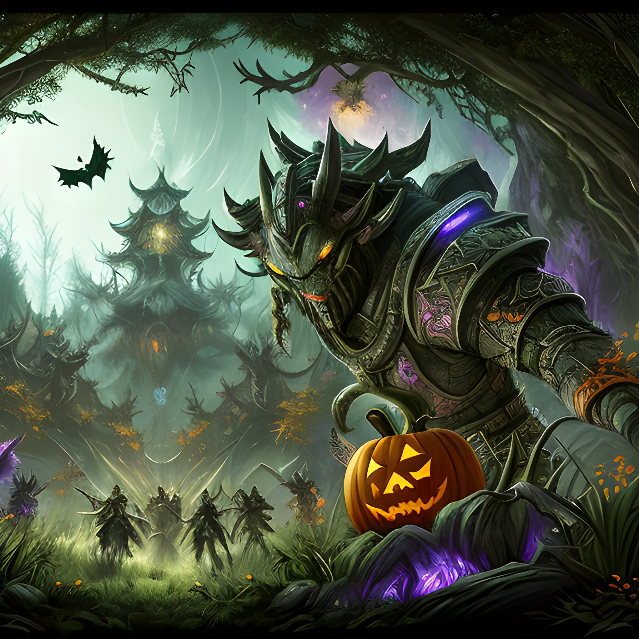 A hyper detailed, gaming style picture of a Haloween atributes, setting is a game like Dota 2, about magical adventures, where magic samurai fights against forest druid and they are similar size and with beautiful dynamic background