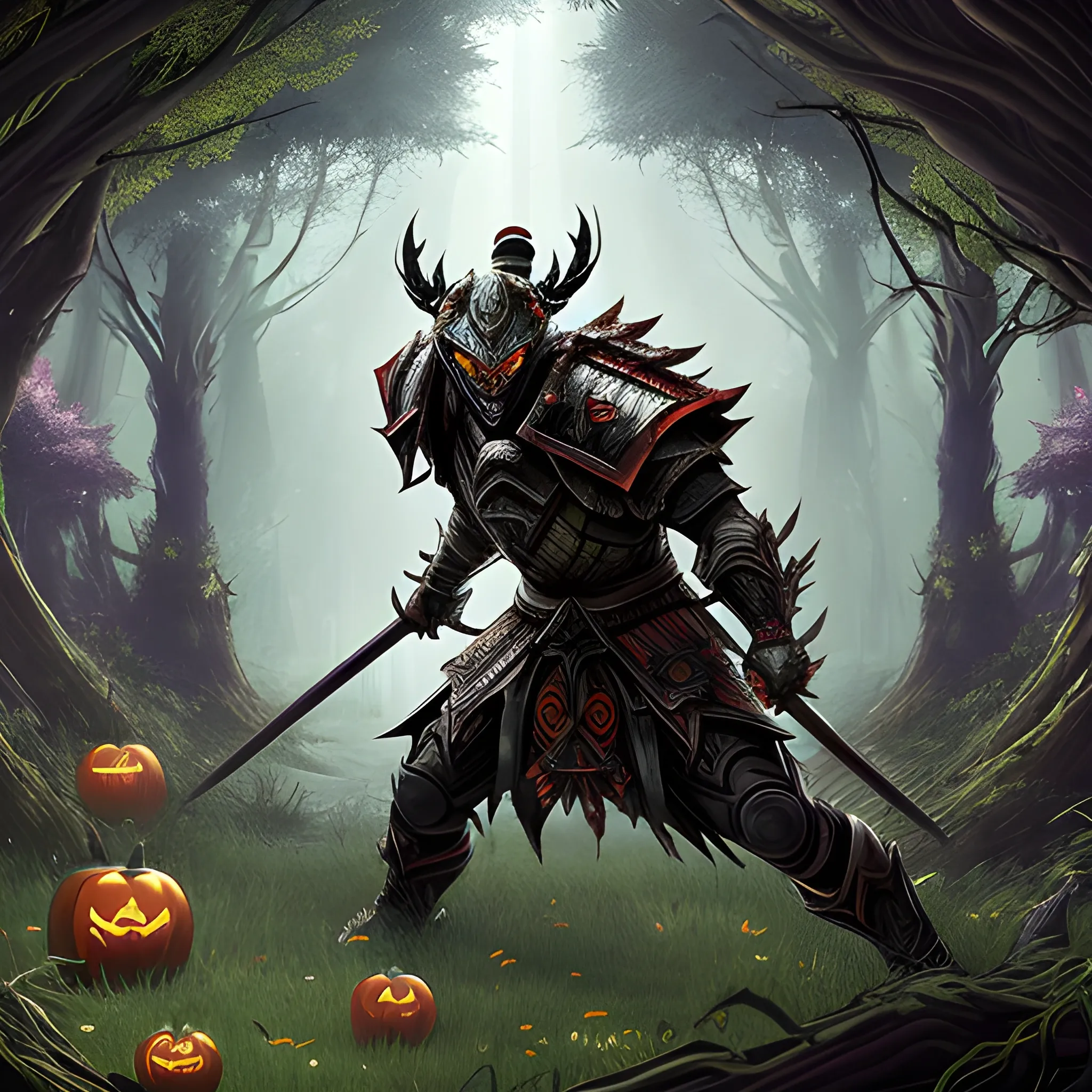 A hyper detailed, gaming style picture of a Haloween atributes, setting is a game like Dota 2, about magical adventures, where 1 magic samurai fights against 1 forest druid and they are similar size and with beautiful dynamic background