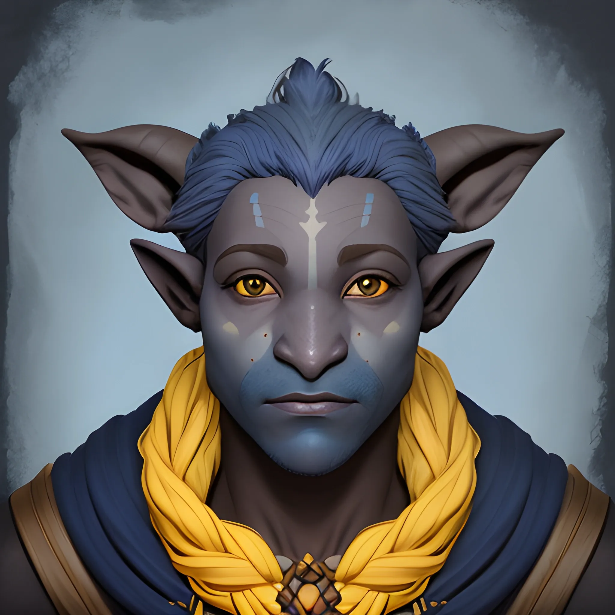  portrait  of a dark blue skinned firbolg, with a gen calm face and soft yellow eyes