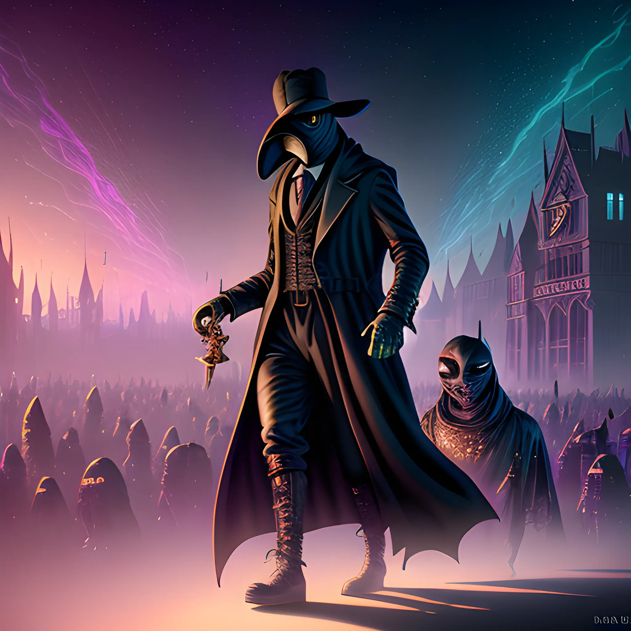 Plague Doctor, nebula sky, luminous colorful sparkles, ominous, eldritch, macabre, spooky; by James R. Eads, Gawki, rajewel, Tania Rivilis, Dan Mumford, glitter, airbrush, Octane Render, elegant, volumetric lighting, 16k; detailed matte painting, deep color, fantastical, intricate detail, splash screen, complementary colors, fantasy concept art, 8k resolution trending on Artstation Unreal Engine 5, plague doctor mask, walking, spells

