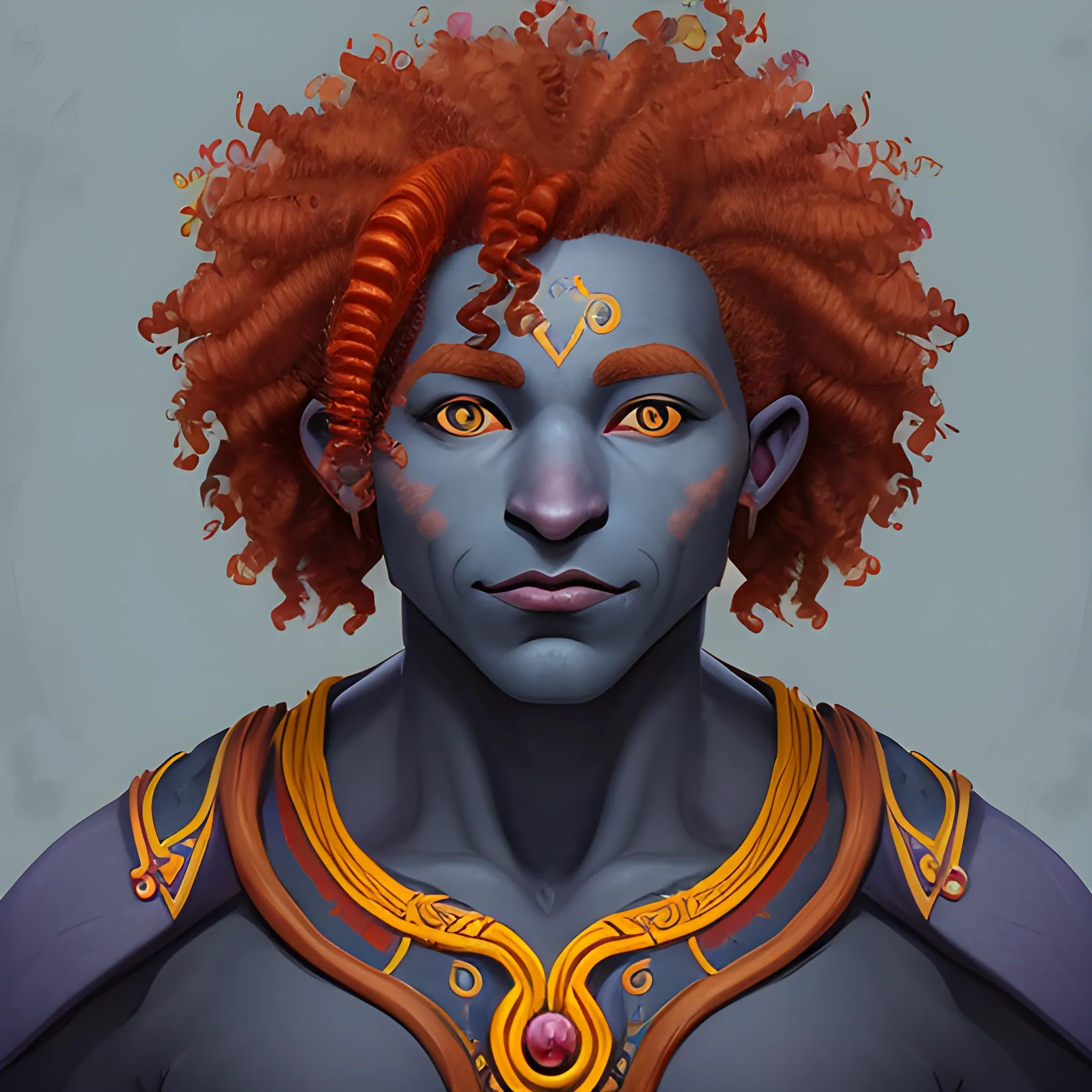 Portrait of a dark blue skinned firbolg, with vibrate red curly hair, with a gen calm face with deep yellow irises.