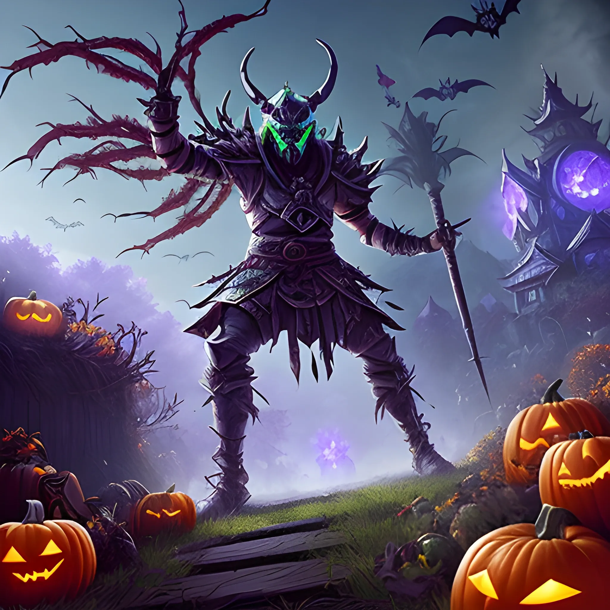 A hyper detailed, gaming style picture of a Haloween atributes, setting is a game like Dota 2, about magical adventures, where 1 magic samurai fights against 1 druid from Magic Craft Game with beautiful dynamic background and pumpkins around