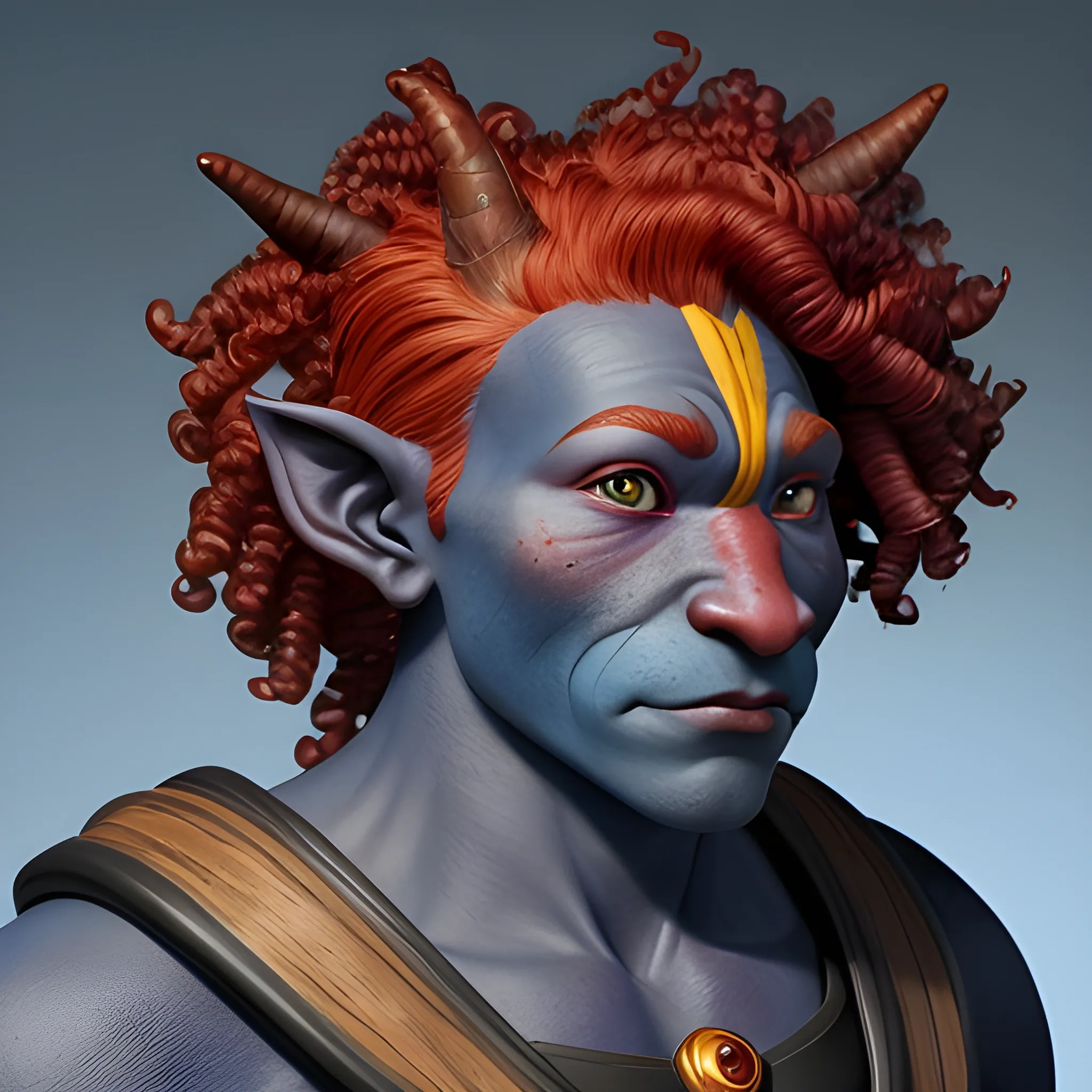 Face profile shot of a dark blue skinned firbolg, with vibrate red curly hair, with a gen calm face with deep yellow irises.