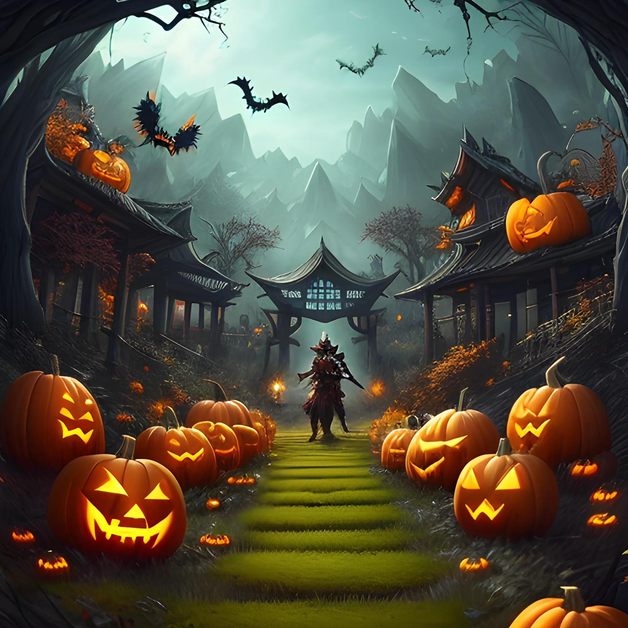 A hyper detailed, gaming style picture of a Haloween atributes, setting is a game like Dota 2, about magical adventures, where magic samurai fights against swamp druid, they are characters from Magic Craft Game. And beautiful dynamic background and pumpkins around