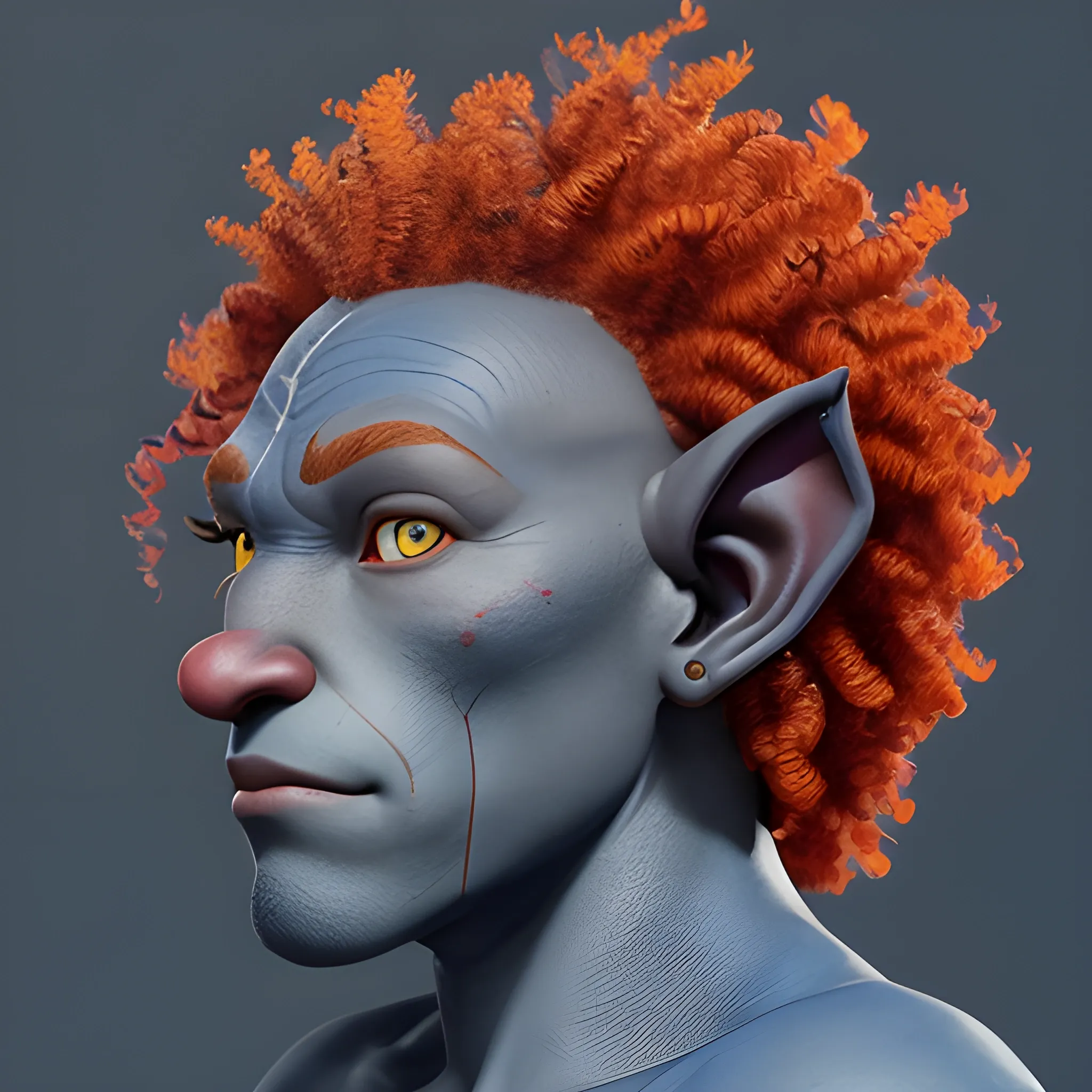 Face profile shot of a dark blue skinned firbolg, with vibrate red curly hair, with a gen calm face with deep yellow irises.