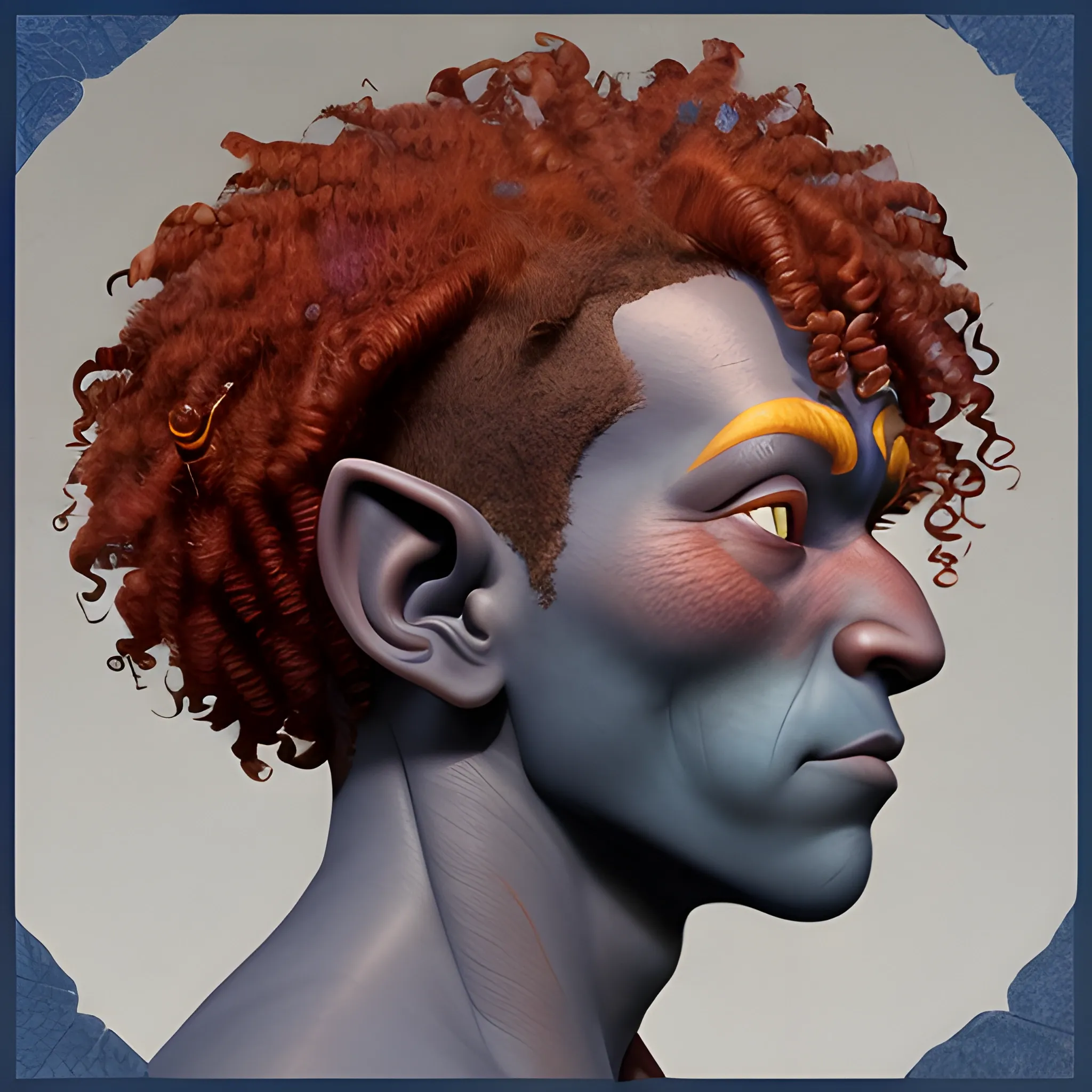 Face profile shot of a dark blue skinned firbolg, with vibrate red curly hair, with a gentle calm face with deep yellow irises.