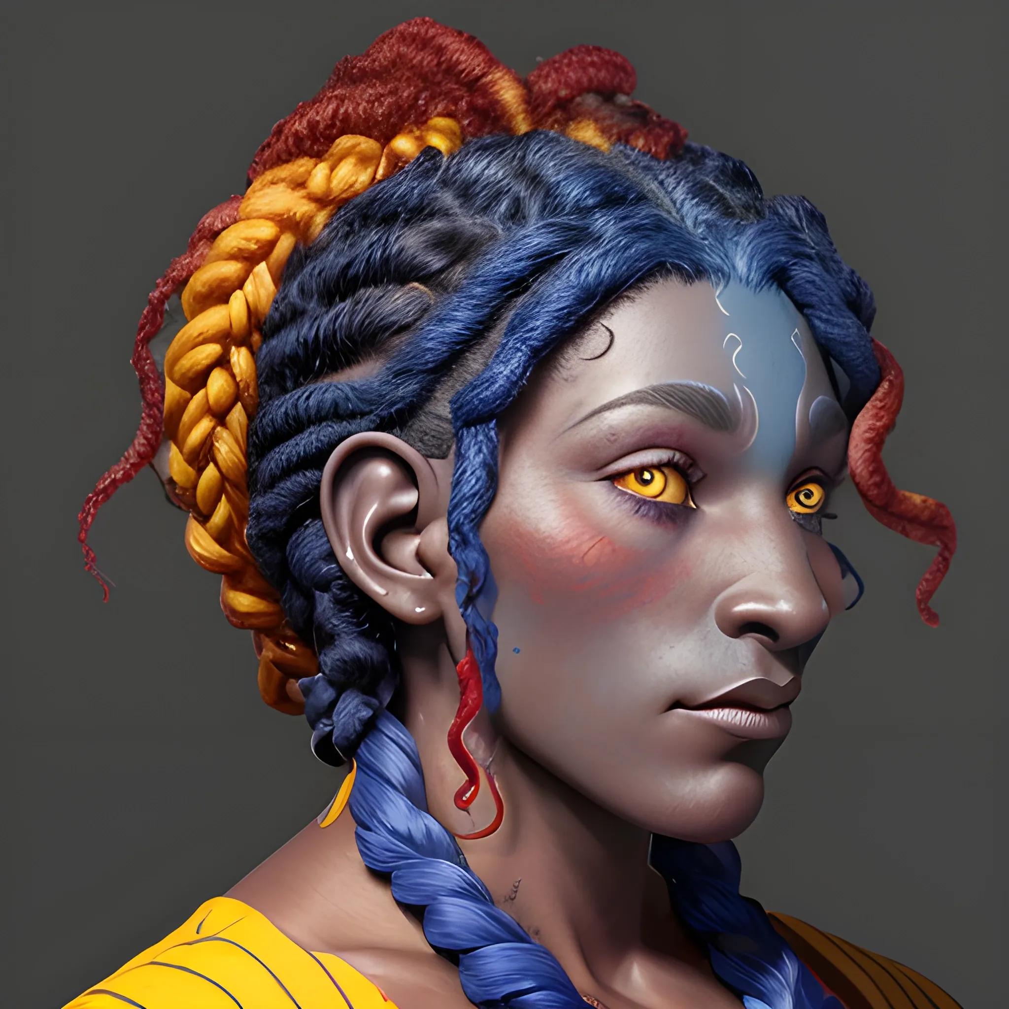 Face profile shot of a deep dark blue skinned firbolg, with vibrate red braided curly hair, with a gentle calm face with deep yellow irises.