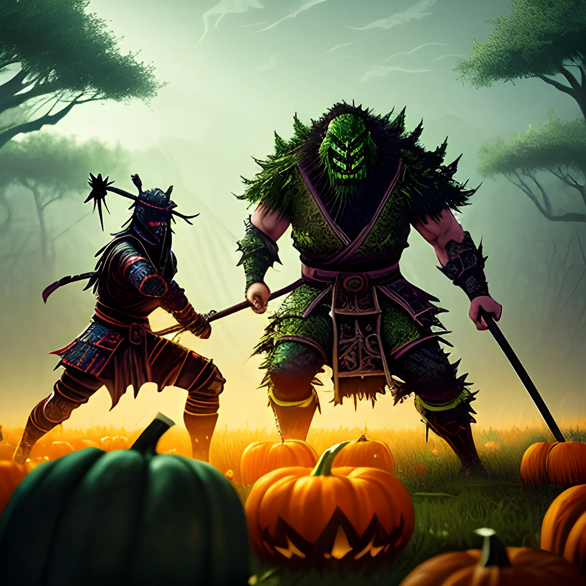 A hyper detailed, gaming style picture where magic samurai fights against swamp druid, they are characters from Magic Craft Game, with Haloween atributes around their fighting arena, setting is a game like Dota 2, about magical adventures. And beautiful dynamic background and pumpkins around