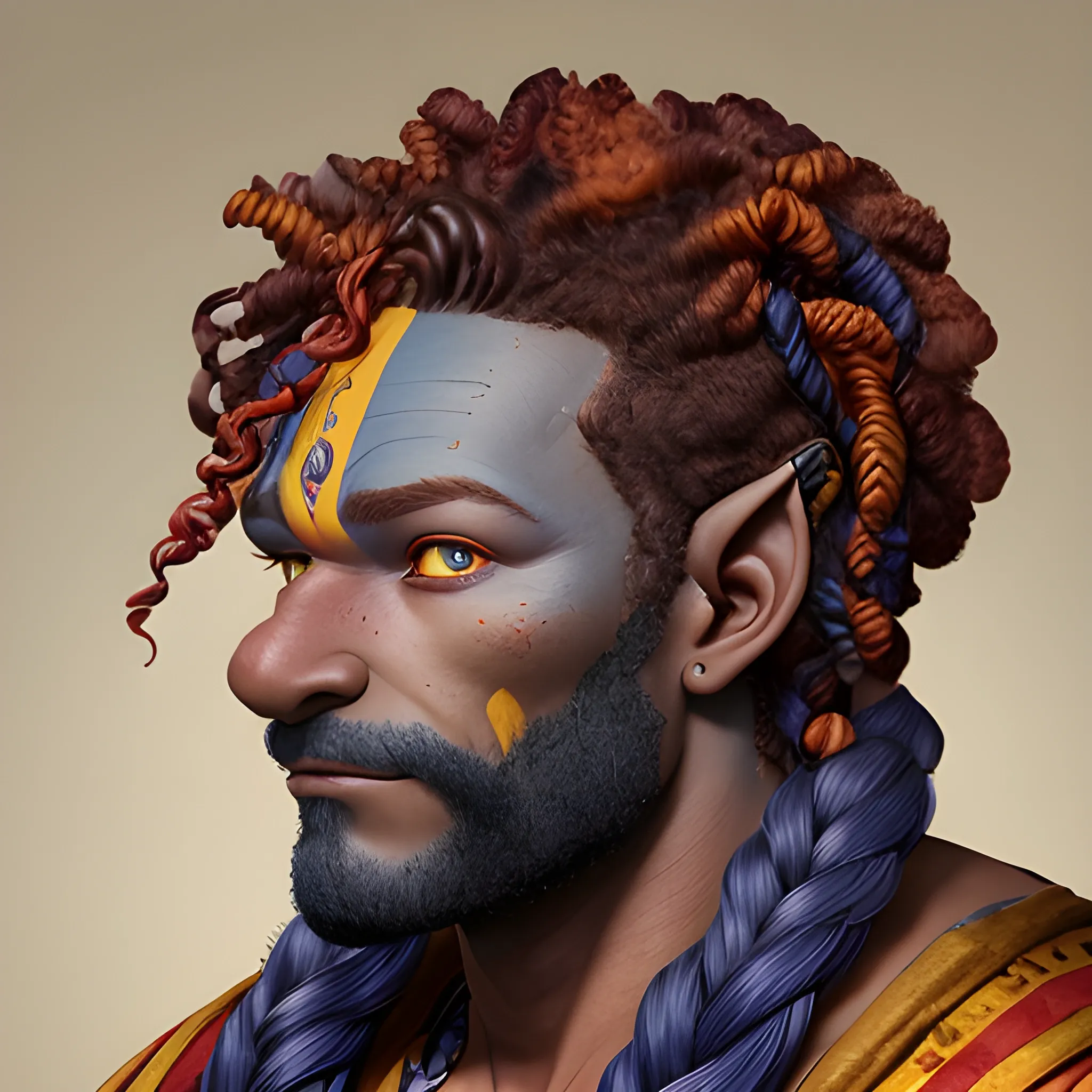 Face profile shot of a deep dark blue skinned  male firbolg, with vibrate red braided curly hair, with a gentle calm face with deep yellow irises.