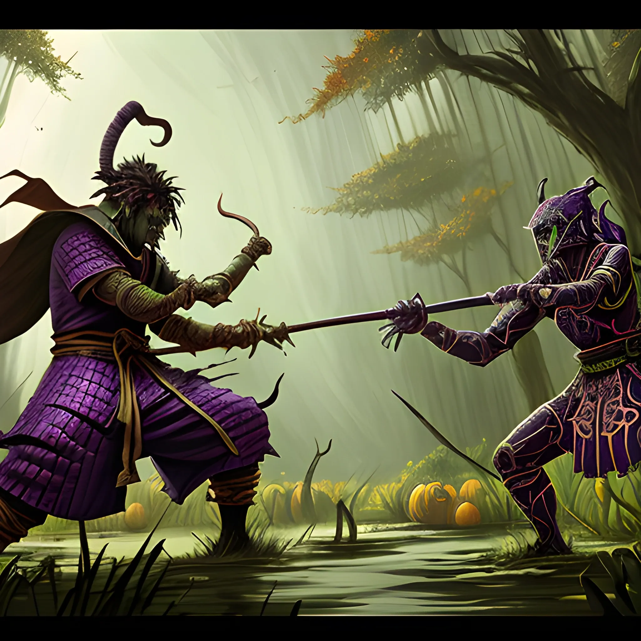 A hyper detailed, gaming style picture where magic samurai fights against swamp druid, they are characters from Magic Craft Game, with Haloween atributes around their fighting arena, setting is a game like Dota 2, about magical adventures. And beautiful dynamic background and pumpkins around