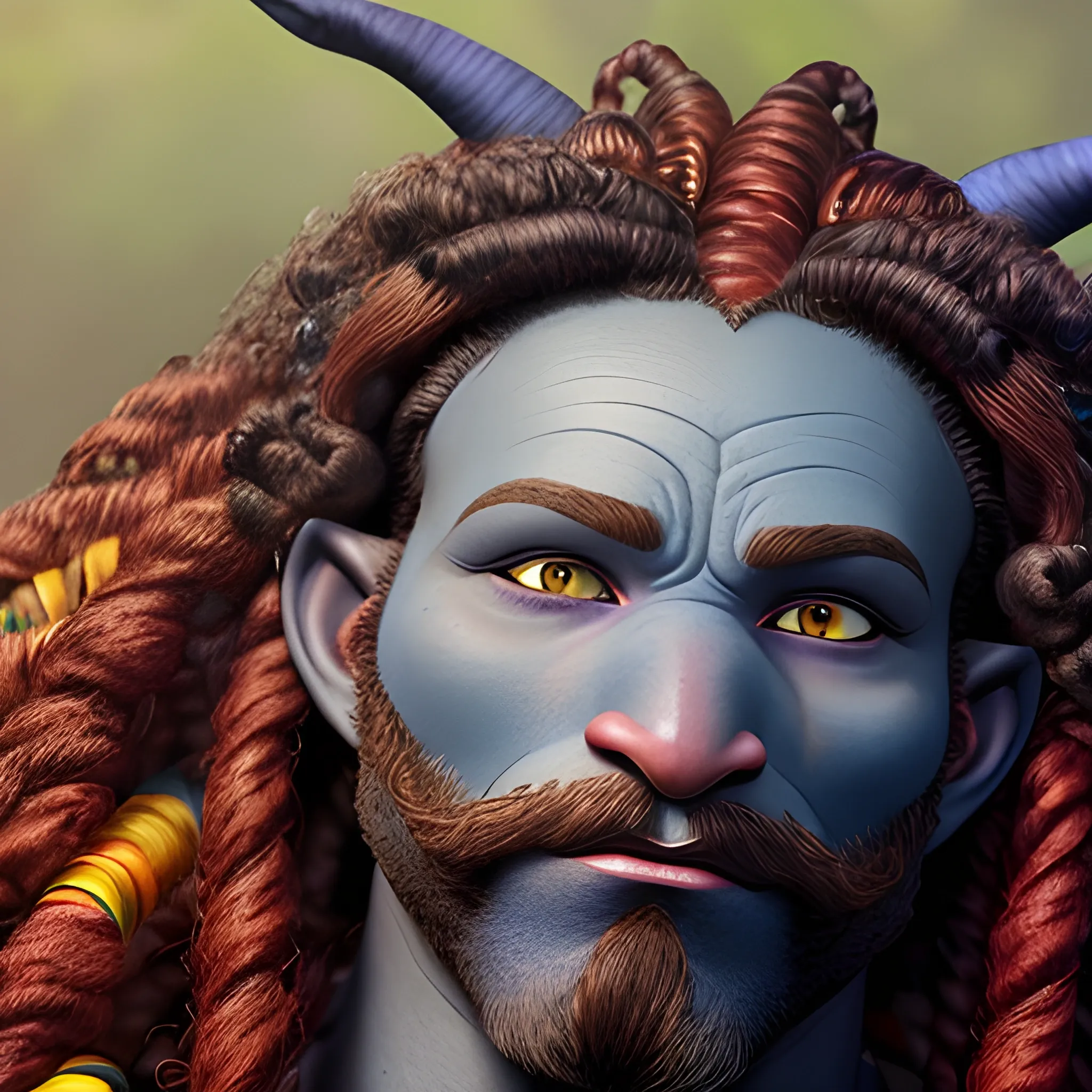 Face profile shot of a deep dark blue skinned  male firbolg, with vibrate red braided curly hair, with a gentle calm face with deep yellow irises.