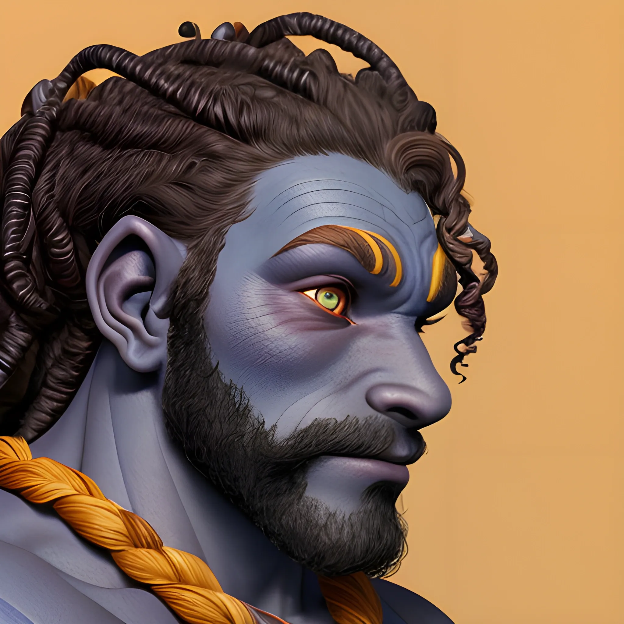 Face profile shot of a deep dark blue skinned  male firbolg, with vibrate red clean curly braided hair, with a gentle calm face with deep yellow irises.