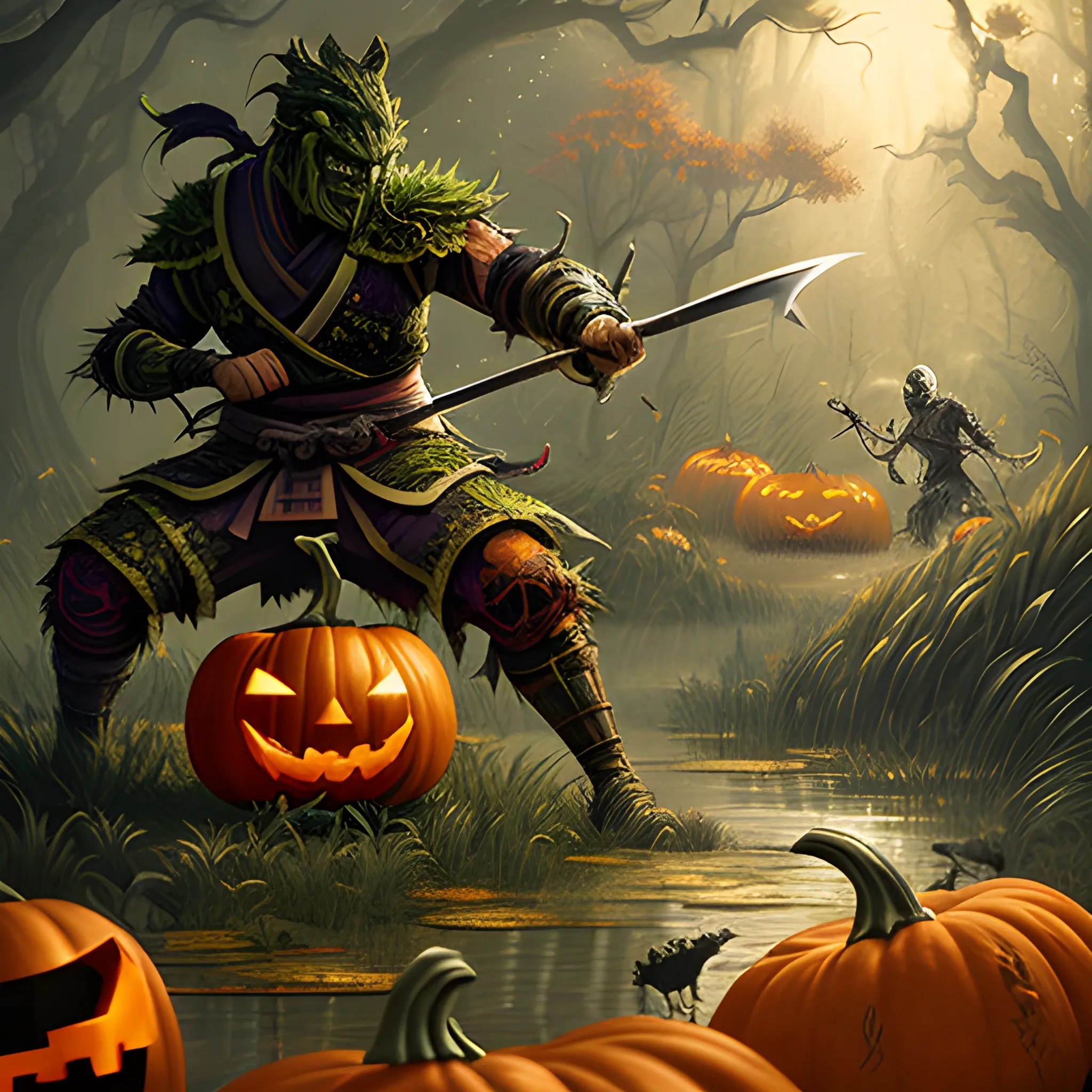 A hyper detailed, gaming style picture where magic samurai fights against swamp druid, they are characters from game setting like Dota 2, with Halloween atributes around their fighting arena, about magical adventures. And beautiful dynamic background and pumpkins around