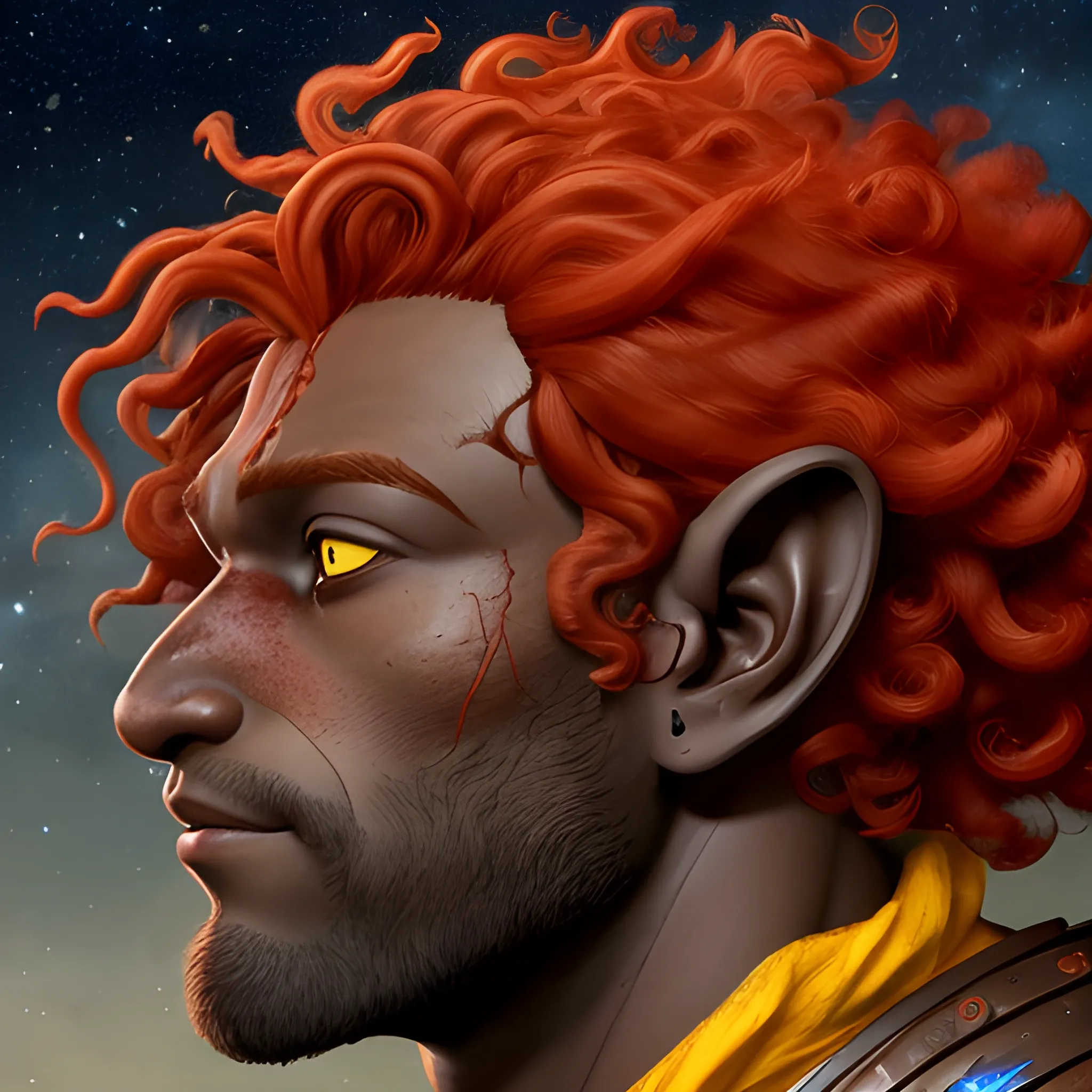 Face profile of a dark skinned male firbolg, with vibrate red clean curly hair, with a tender face and with starry yellow eyes