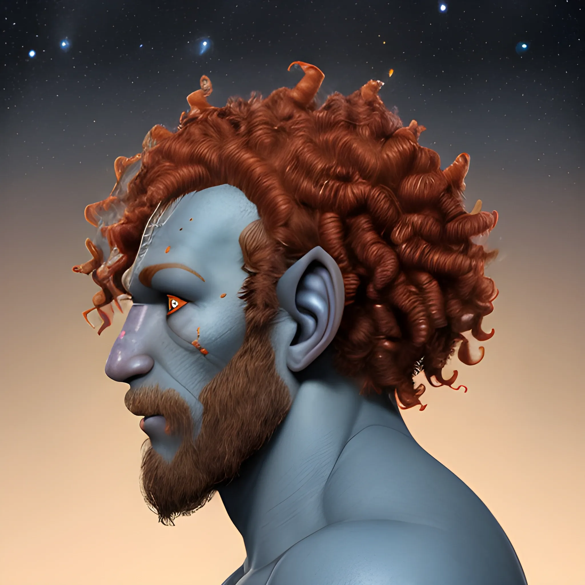 Face profile of a dark blue skinned male firbolg, with vibrate red clean curly hair, with a tender face and with starry yellow eyes
