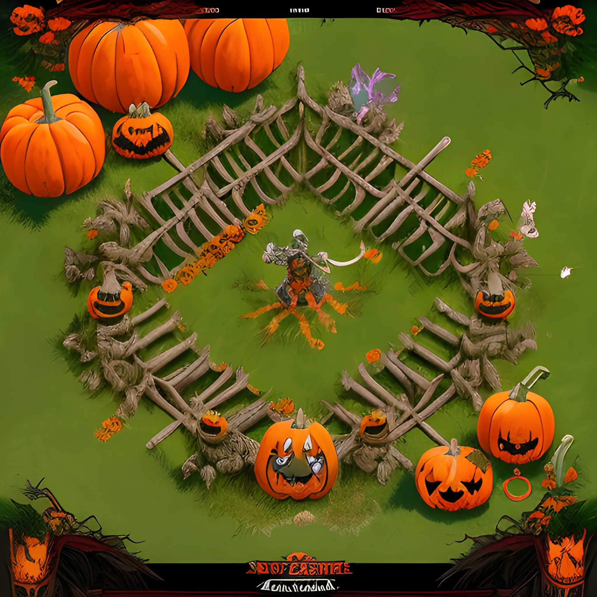 A hyper detailed, gaming style fighting arena where magic samurai fights against swamp druid, they are characters from game about magical adventures like Dota 2, also there is Halloween attributes around their fighting arena. And beautiful dynamic background and pumpkins around