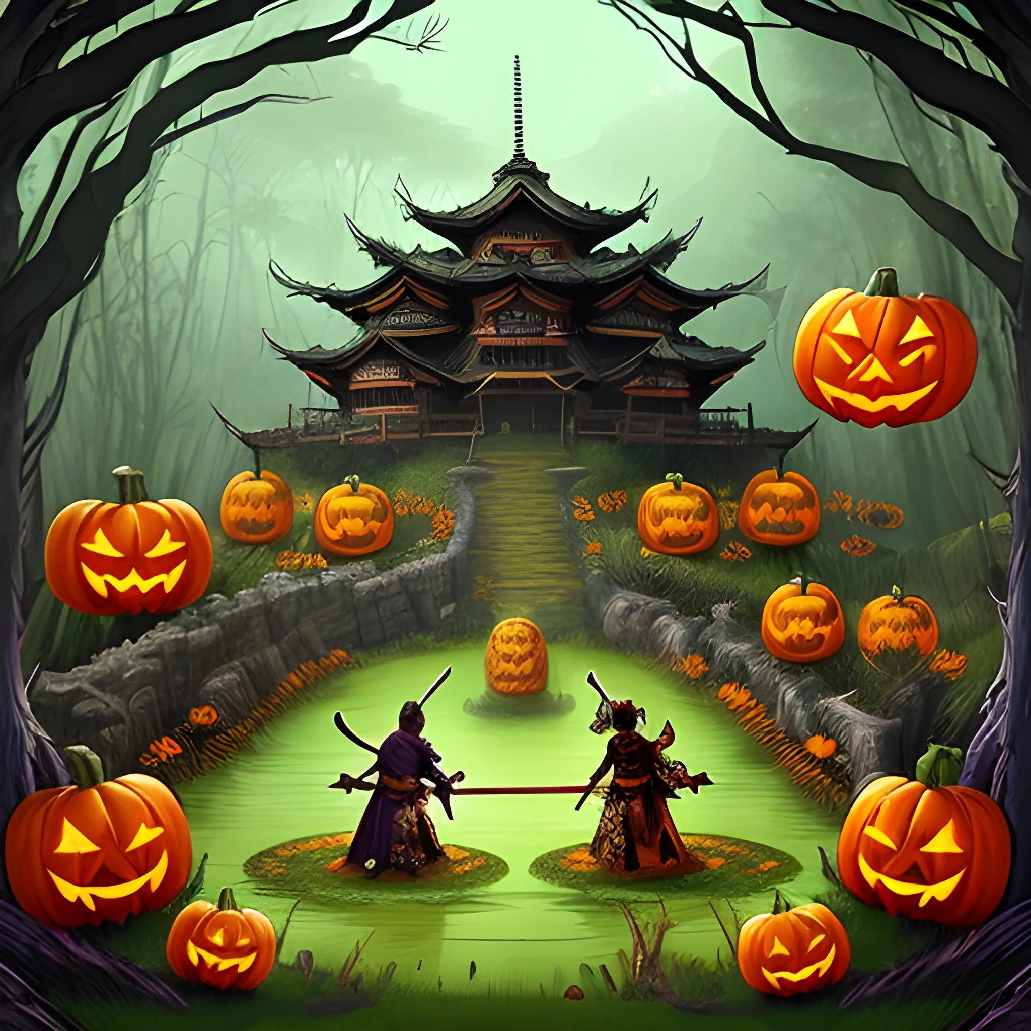 A hyper detailed fighting arena where magic samurai fights against swamp druid, they are characters from game about magical adventures like Dota 2, also there is Halloween attributes around their fighting arena. And beautiful dynamic background and pumpkins around