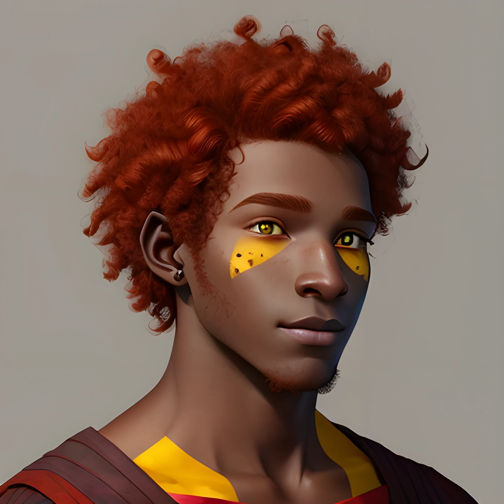 Face profile of a dark skinned 19 year old male firbolg, with vibrate red clean curly hair, with a tender face and with yellow eyes